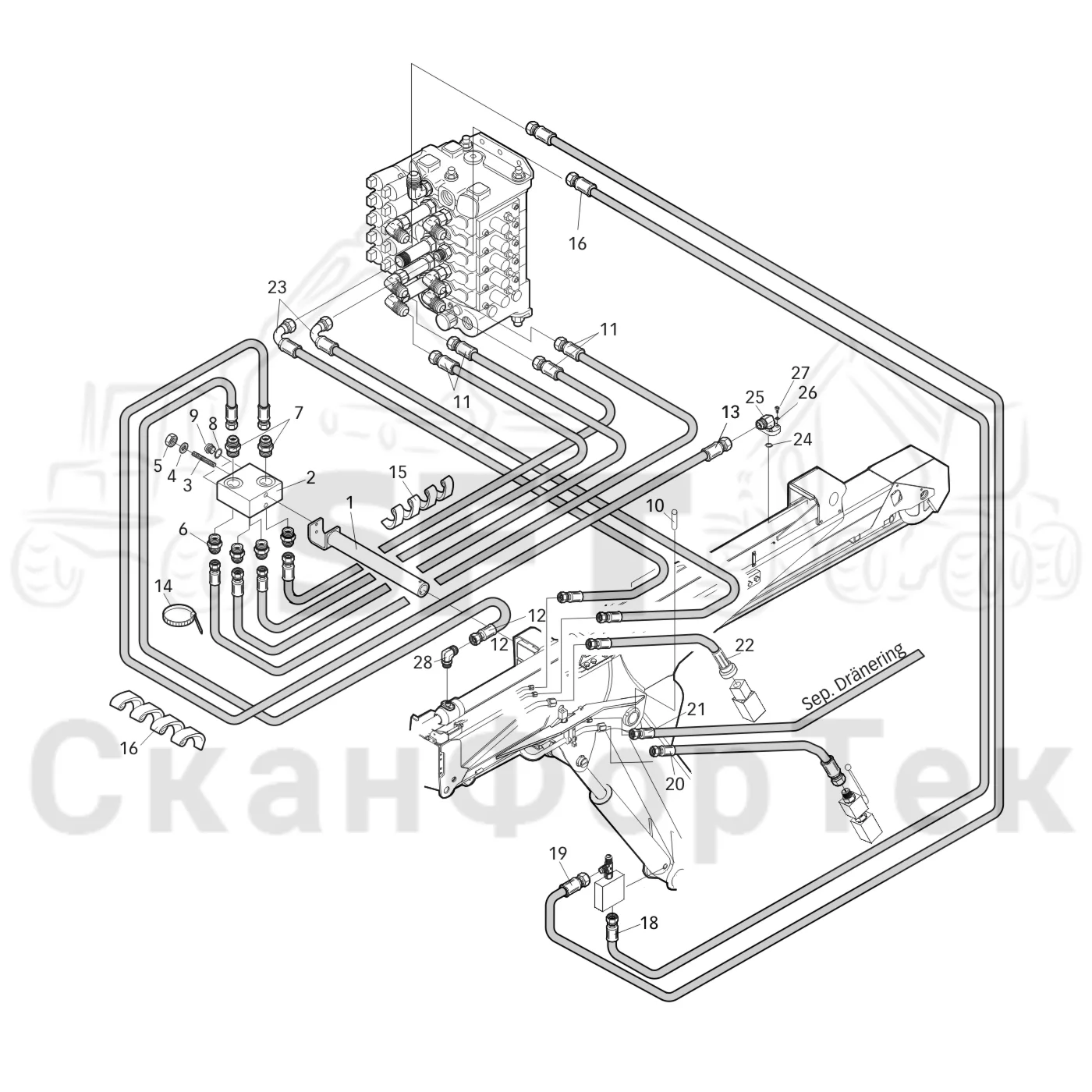 Схема: Valmet / Лесозаготовительные машины / Valmet 911.1 / Valmet 911.1 Ch -113010 / Valmet 911.1 Ch. -113010 / Каталог запасных частей / Подъемный кран / Прокладка шланга / 1600 crane / Подвод шланга
