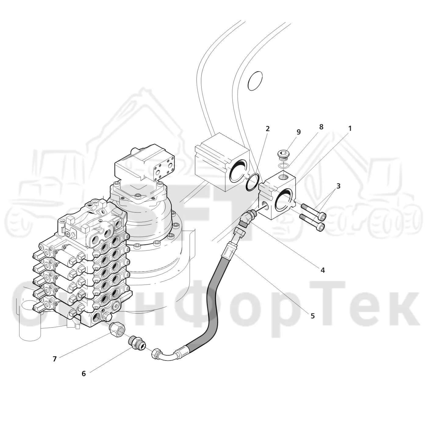 Схема: Valmet / Лесозаготовительные машины / Valmet 911.1 / Valmet 911.1 Ch 113011- / Valmet 911.1 Ch 113011- / Каталог запасных частей / Подъемный кран / Прокладка шланга / 1600 crane / Функция подогрева