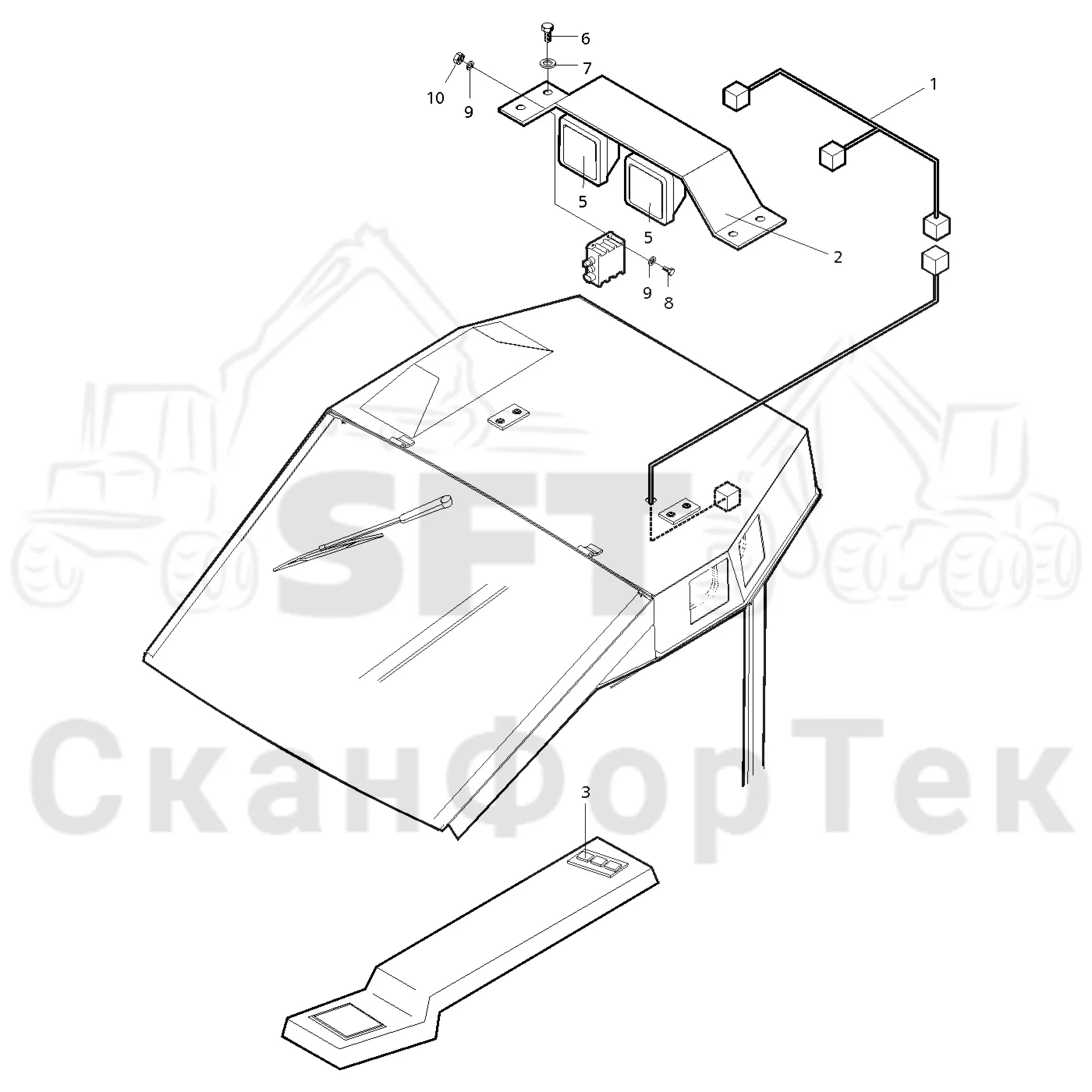 Схема: Valmet / Лесозаготовительные машины / Valmet 921 / Valmet 921 Ch -13270 / Valmet 921 Ch -13270 / Каталог запасных частей / Кабина / Кабина / Рабочие лампы, ксеноновые / Рабочие лампы установленный на крыше