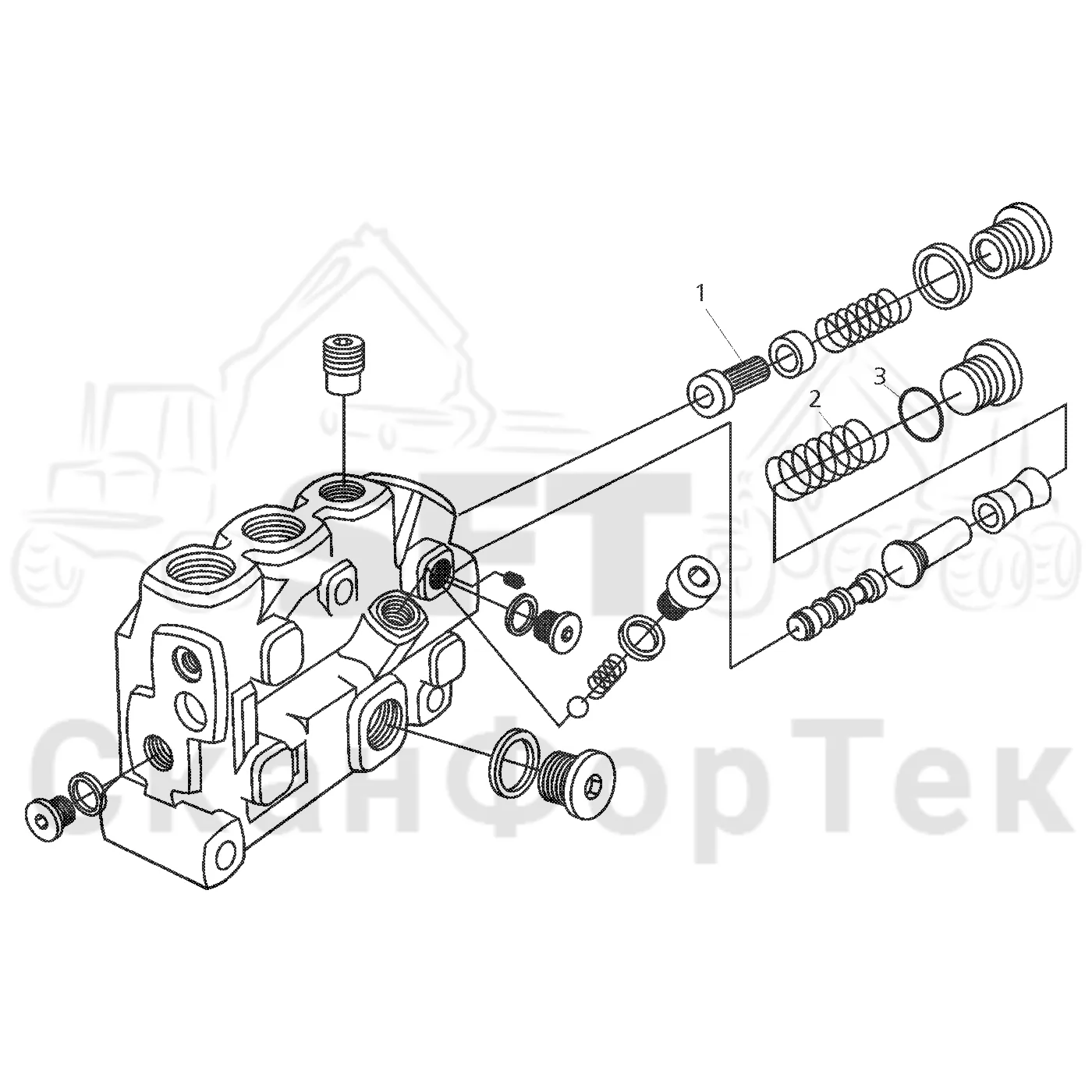 Схема: Valmet / Лесозаготовительные машины / Valmet 921 / Valmet 921 Ch 13271- / Valmet 921 Ch 13271- / Каталог запасных частей / Гидравлика / Клапан телескопических подъемных кранов / 1600 crane 900 head series / Торцевая секция