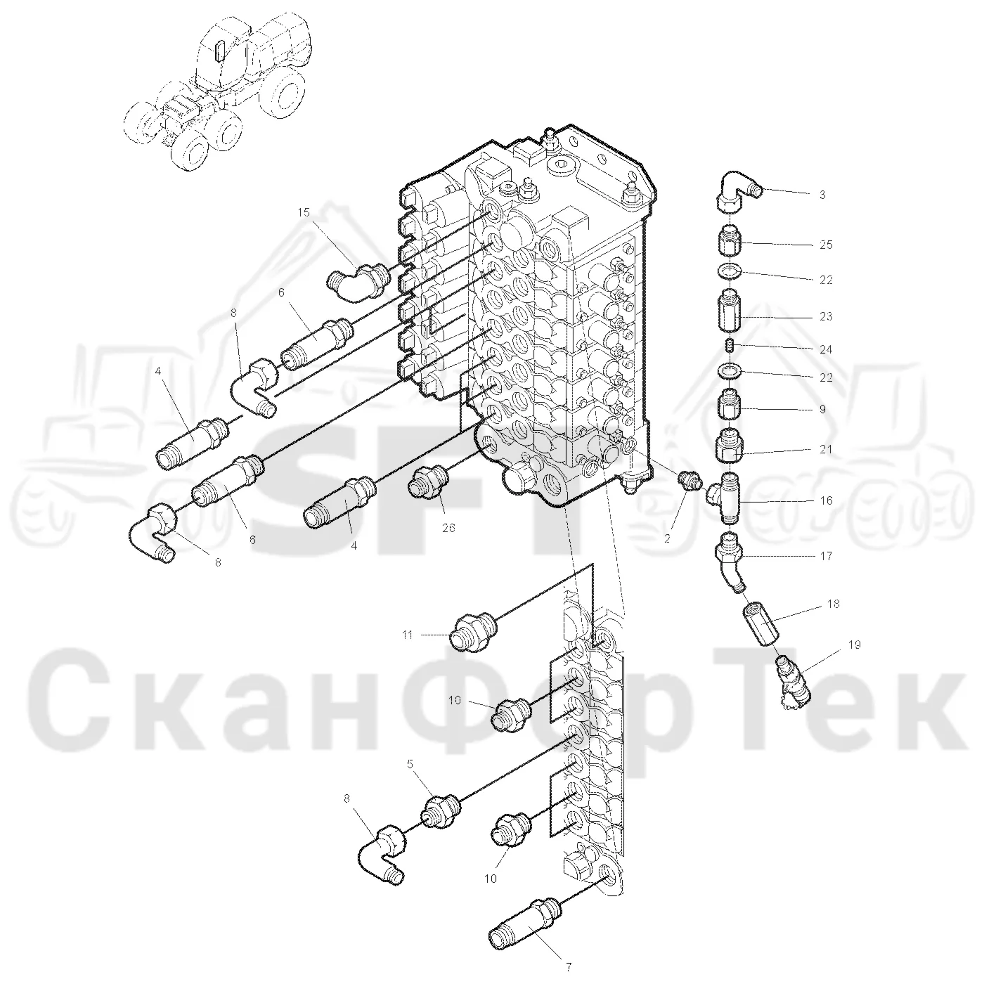 Схема: Valmet / Лесозаготовительные машины / Valmet 921 / Valmet 921 Ch 13271- / Valmet 921 Ch 13271- / Каталог запасных частей / Гидравлика / Клапан телескопических подъемных кранов / 1600 crane 900 head series / Гидравлический клапан
