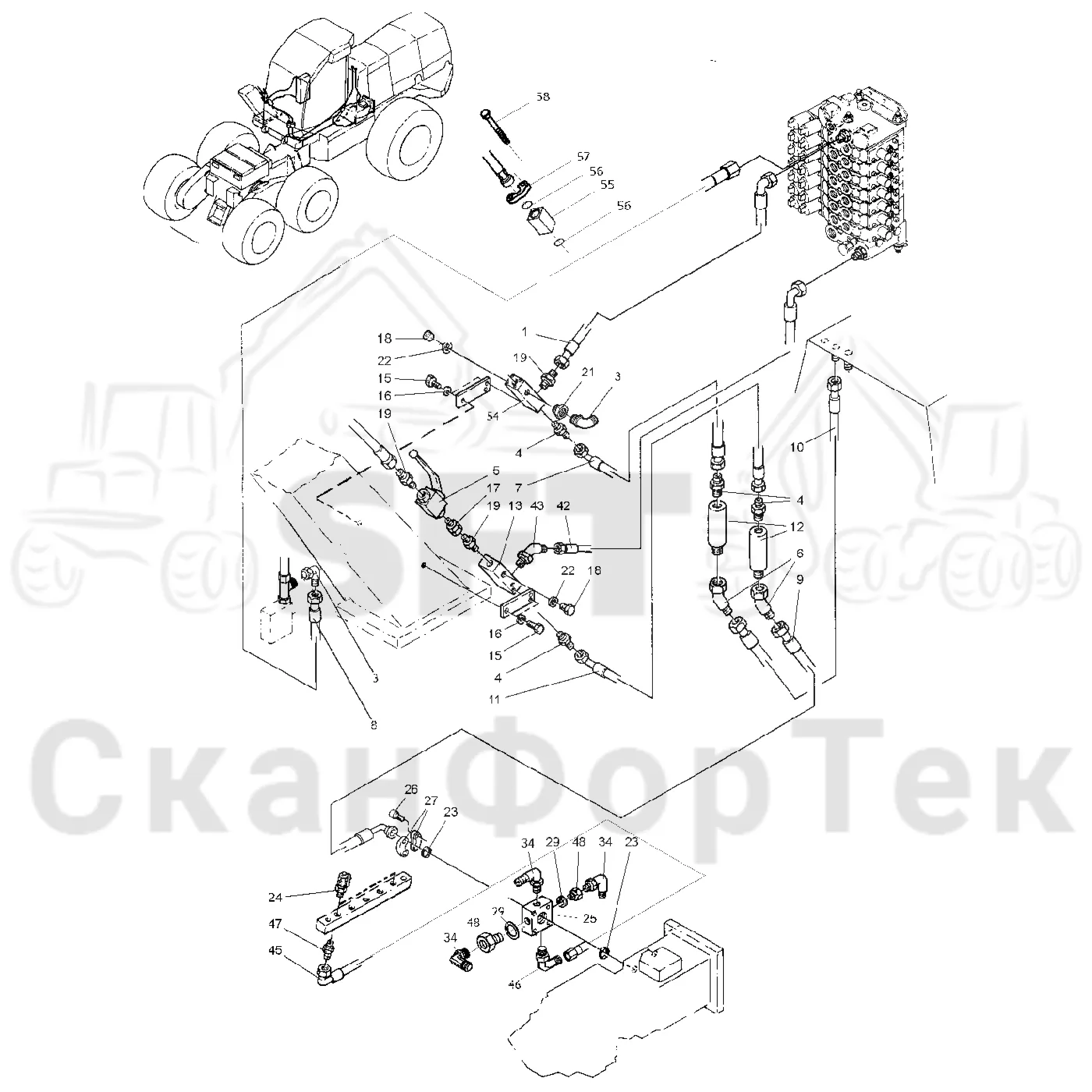 Схема: Valmet / Лесозаготовительные машины / Valmet 921 / Valmet 921 Ch -13270 / Valmet 921 Ch -13270 / Каталог запасных частей / Гидравлика / Клапан телескопических подъемных кранов / 1600 crane 900 head series / Система впуска-выпуска 1600 crane