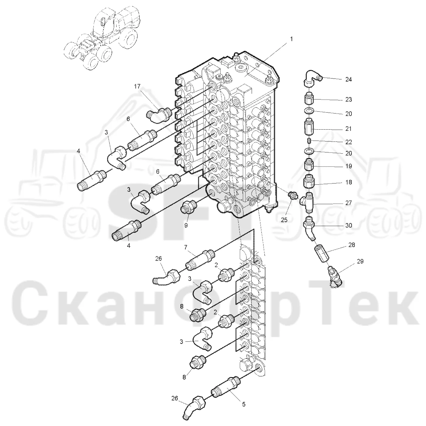 Схема: Valmet / Лесозаготовительные машины / Valmet 921 / Valmet 921 Ch 13271- / Valmet 921 Ch 13271- / Каталог запасных частей / Гидравлика / Клапан параллельных подъемных кранов / CRH 16 crane 900 head series / Гидравлический клапан