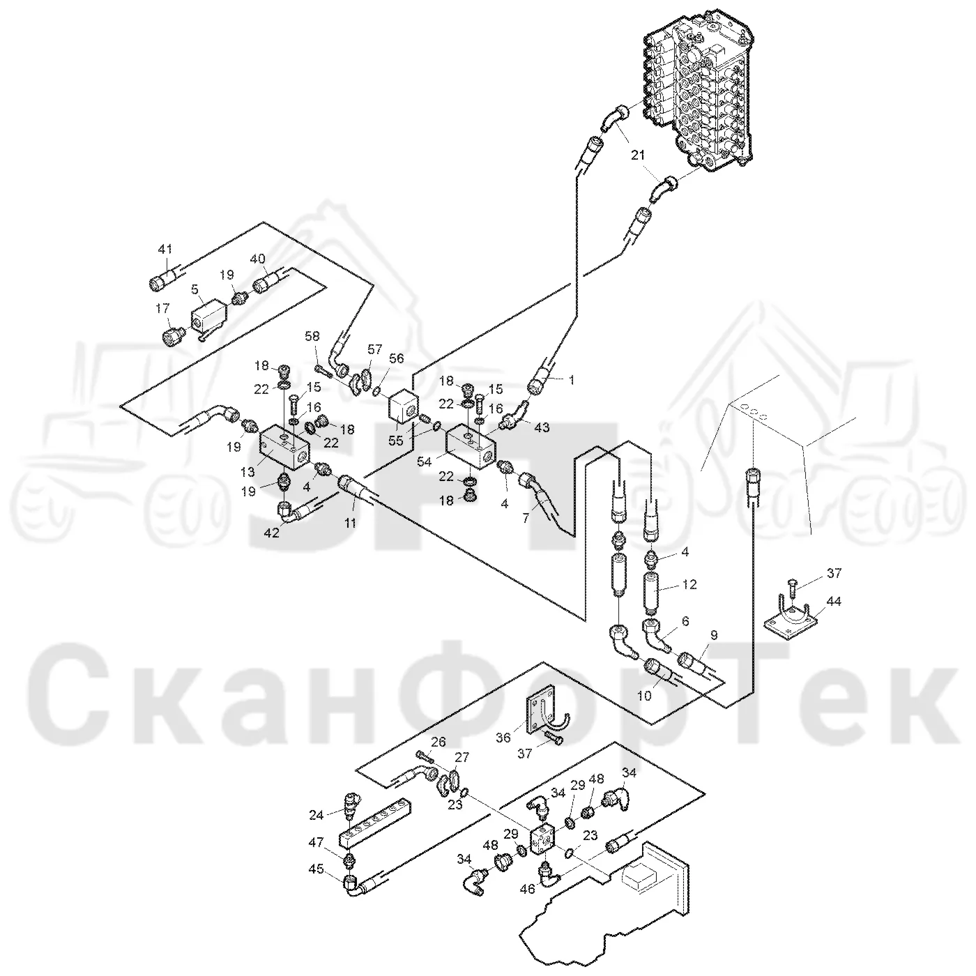 Схема: Valmet / Лесозаготовительные машины / Valmet 921 / Valmet 921 Ch -13270 / Valmet 921 Ch -13270 / Каталог запасных частей / Гидравлика / Клапан параллельных подъемных кранов / CRH 16 crane 300 head series / Система впуска-выпуска CRH 16 crane