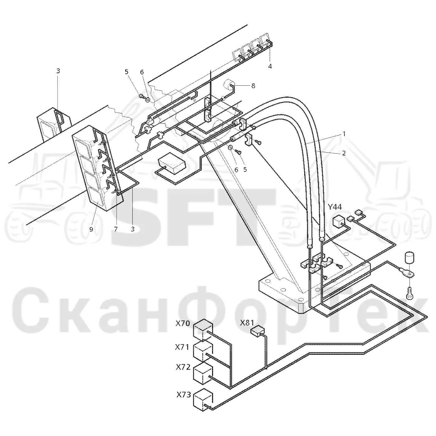 Схема: Valmet / Лесозаготовительные машины / Valmet 921 / Valmet 921 Ch 13271- / Valmet 921 Ch 13271- / Каталог запасных частей / Подъемный кран / Комплект электрооборудования / 300 Головки лесозаготовительной машины / Рабочие лампы, галогеновые 1600 Подъемный кран
