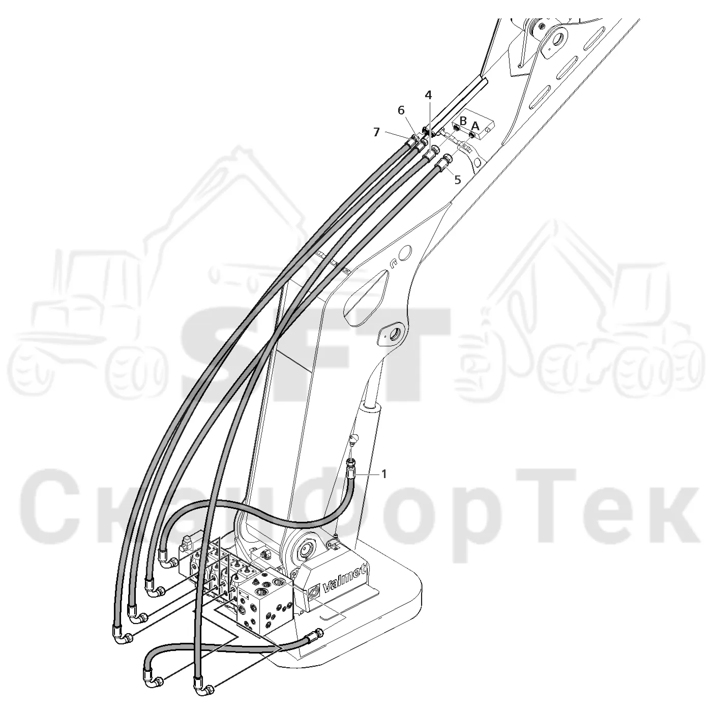 Схема: Valmet / Лесозаготовительные машины / Valmet 941 / Valmet 941 Ch -12070 / Valmet 941 Ch -12070 / Каталог запасных частей / Подъемный кран / Прокладка шланга / Прокладка шланга / Подъемный кран