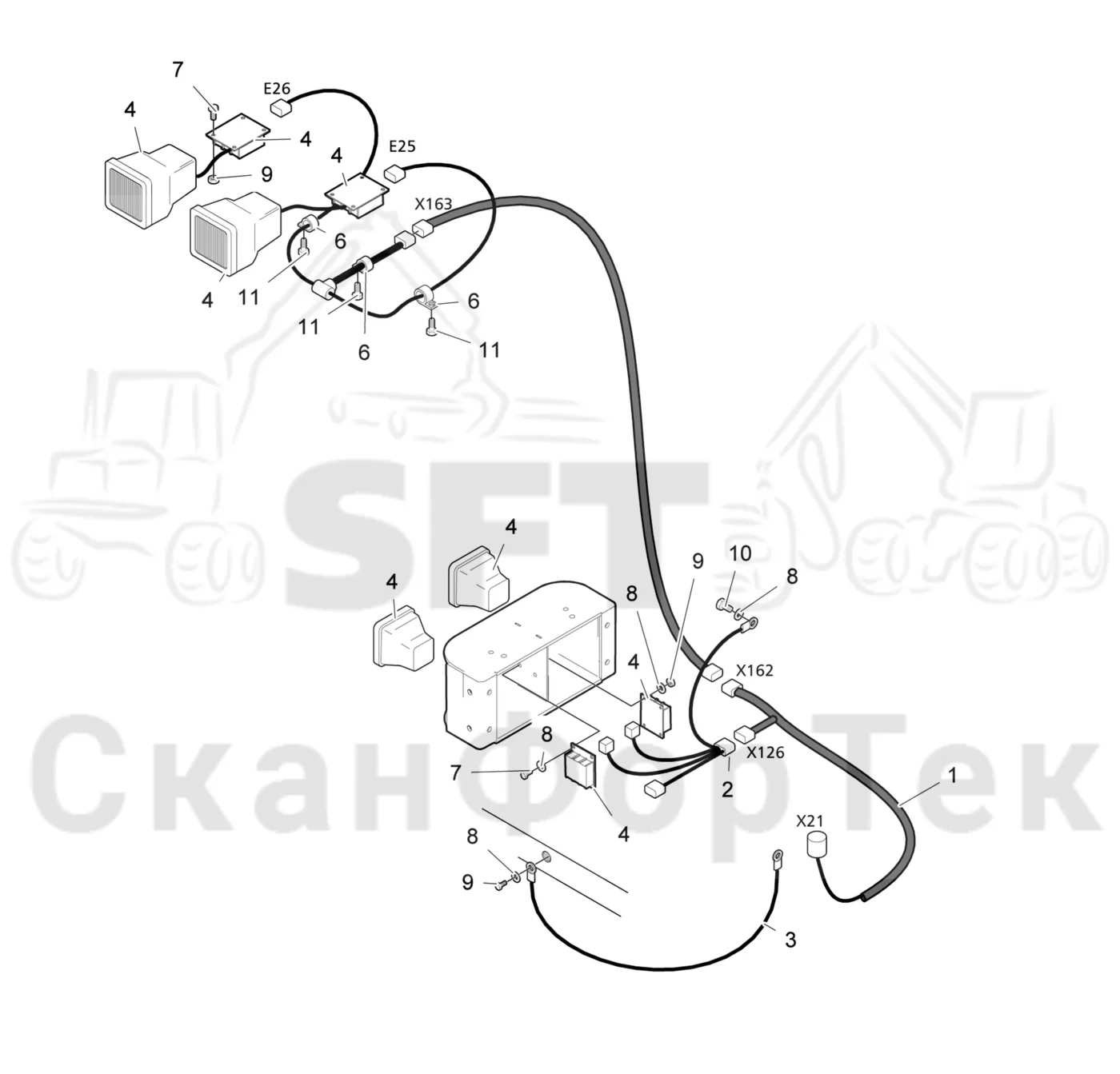 Схема: Valmet / Лесозаготовительные машины / Valmet 941 / Valmet 941 Ch -12070 / Valmet 941 Ch -12070 / Каталог запасных частей / Подъемный кран / Электрический Оборудование / Рабочие лампы / Рабочие лампы, ксеноновые