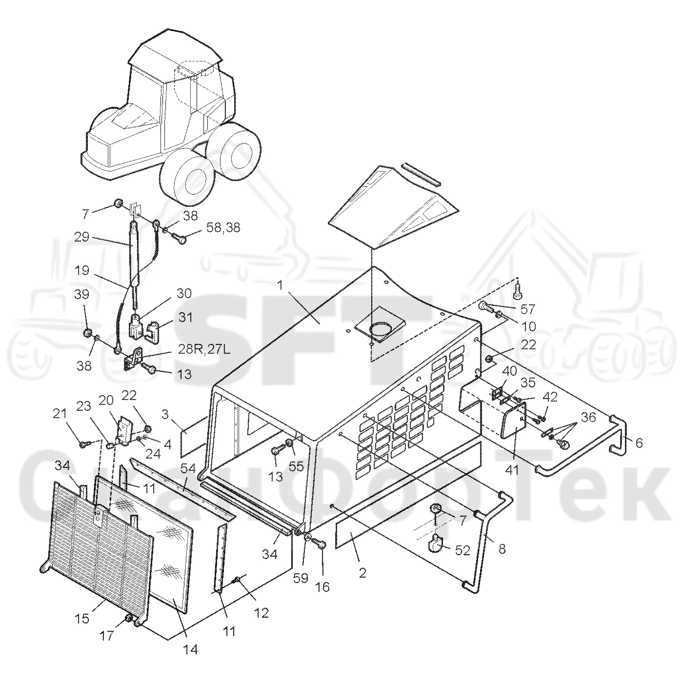 Схема: Valmet / Форвардер / Valmet 840.2 / Valmet 840.2 Ch. -211120 / Valmet 840.2 Ch. -211120 / Каталог запасных частей / шасси / Капоты и крышки / Капот двигателя Крышка / Капот двигателя Крышка