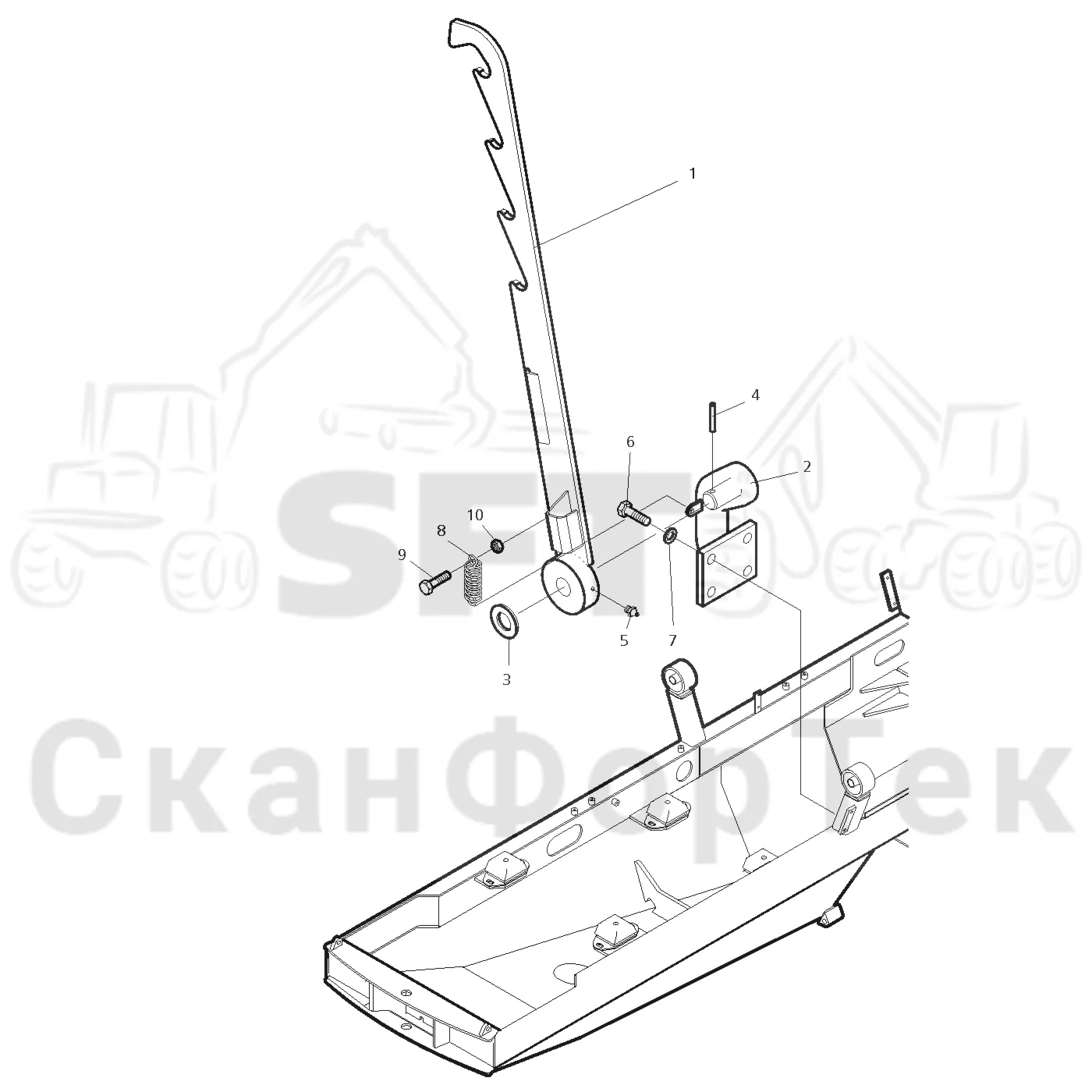 Схема: Valmet / Форвардер / Valmet 840.2 / Valmet 840.2 Ch. 211121- / Valmet 840.2 Ch. 211121- / Каталог запасных частей / Кабина / Кабина / Установка кабины / Стопорный рычаг