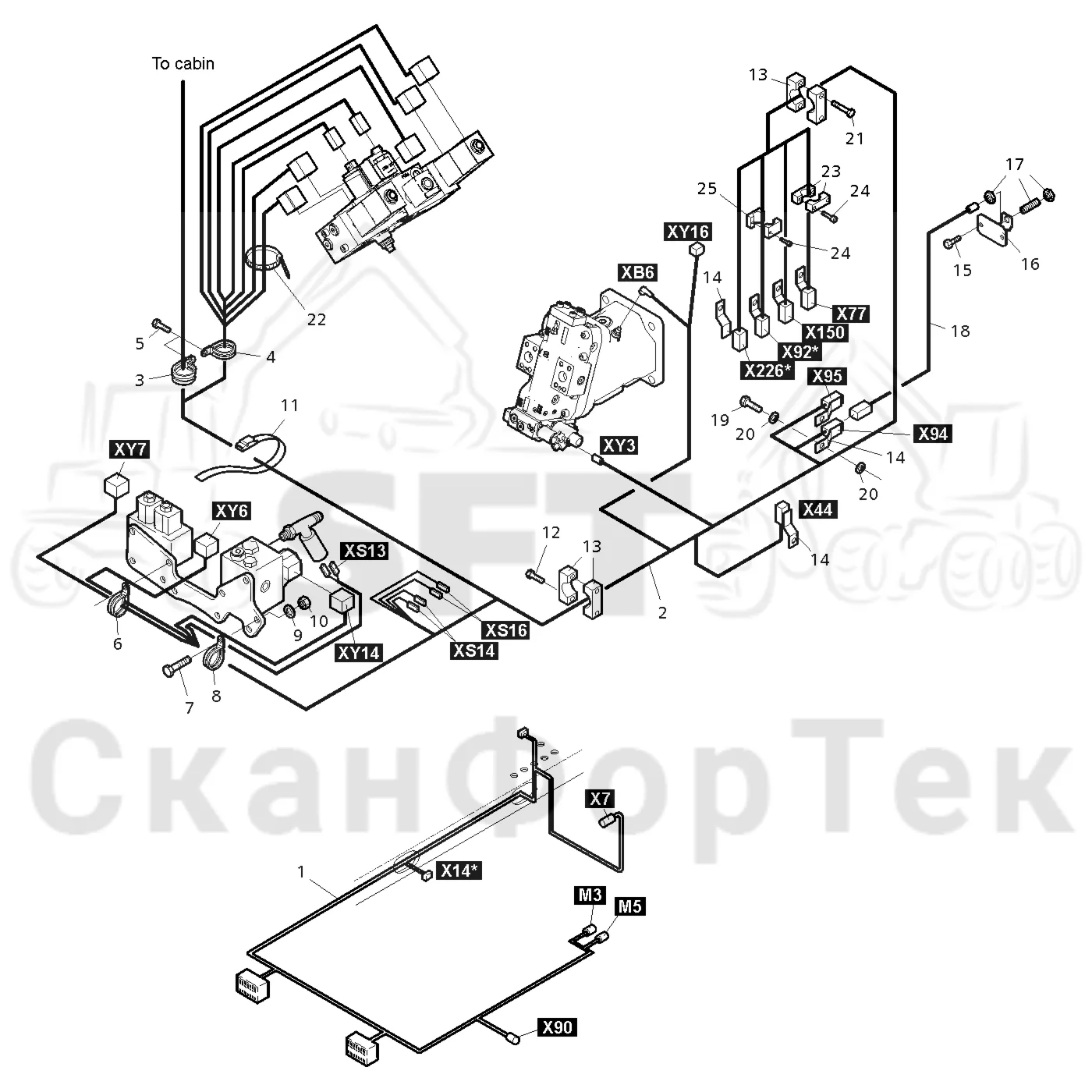 Схема: Valmet / Форвардер / Valmet 840.3 / Valmet 840.3 Ch. -311173 / Valmet 840.3 Ch. -311173 / Каталог запасных частей / шасси / Электрический Оборудование / Комплект кабелей передней рамы / Комплект кабелей передней рамы
