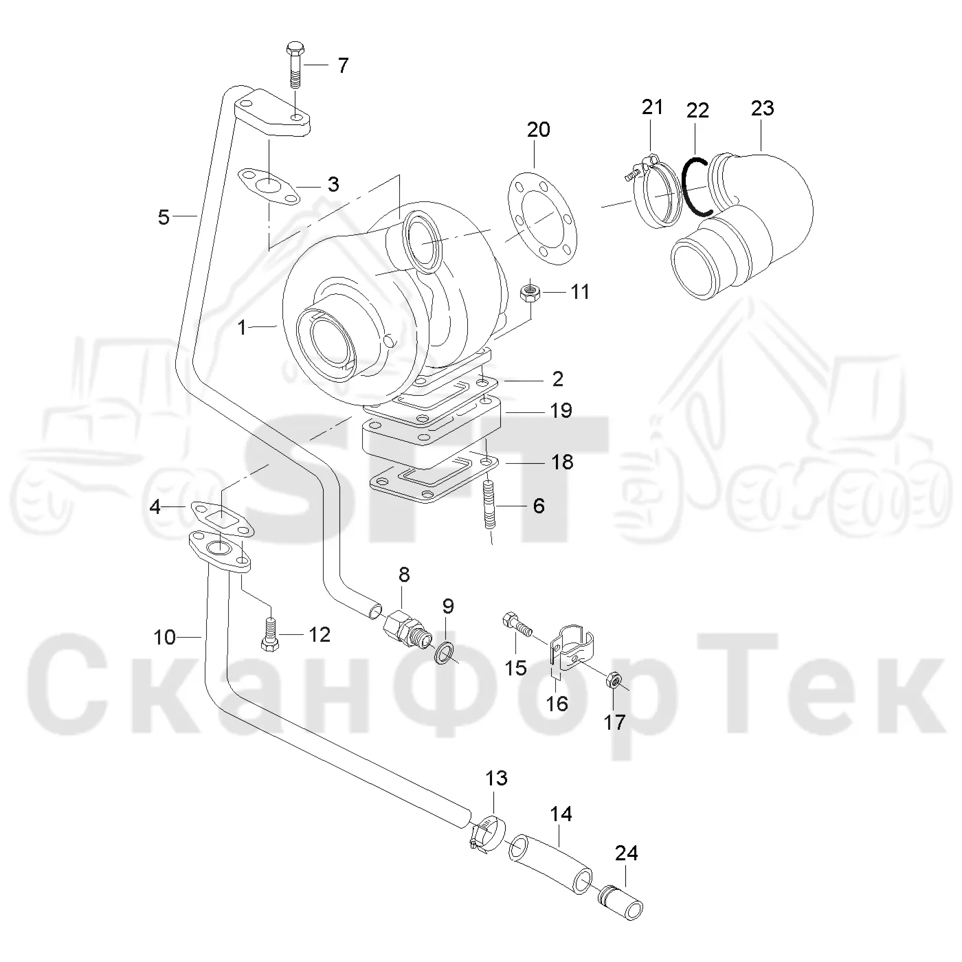 Схема: Valmet / Форвардер / Valmet 840.3 / Valmet 840.3 Ch. 311174- / Valmet 840.3 Ch. 311174- / Каталог запасных частей / Двигатель / Двигатель 311174- / Впуск - выпуск / Трубопроводы к турбоагрегату