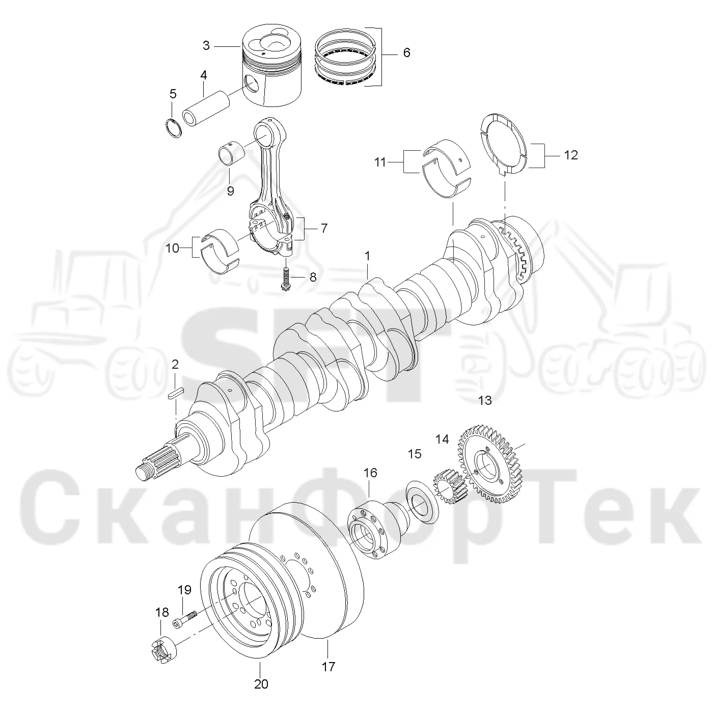 Схема: Valmet / Форвардер / Valmet 840.3 / Valmet 840.3 Ch. 311174- / Valmet 840.3 Ch. 311174- / Каталог запасных частей / Двигатель / Двигатель 311174- / Блок двигателя / Коленвал