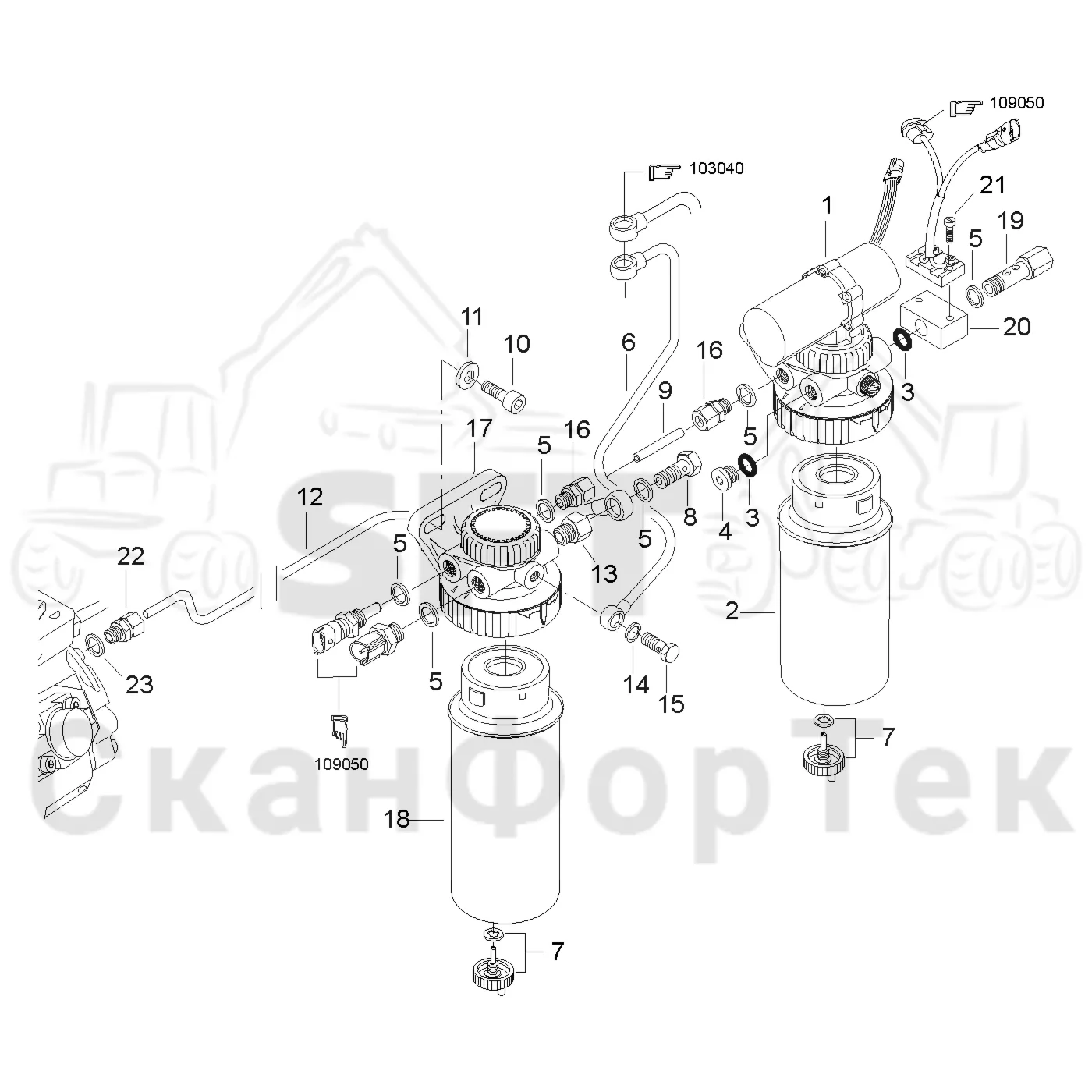 Схема: Valmet / Форвардер / Valmet 840.3 / Valmet 840.3 Ch. 311174- / Valmet 840.3 Ch. 311174- / Каталог запасных частей / Двигатель / Двигатель 311174- / Топливная система / Топливный фильтр