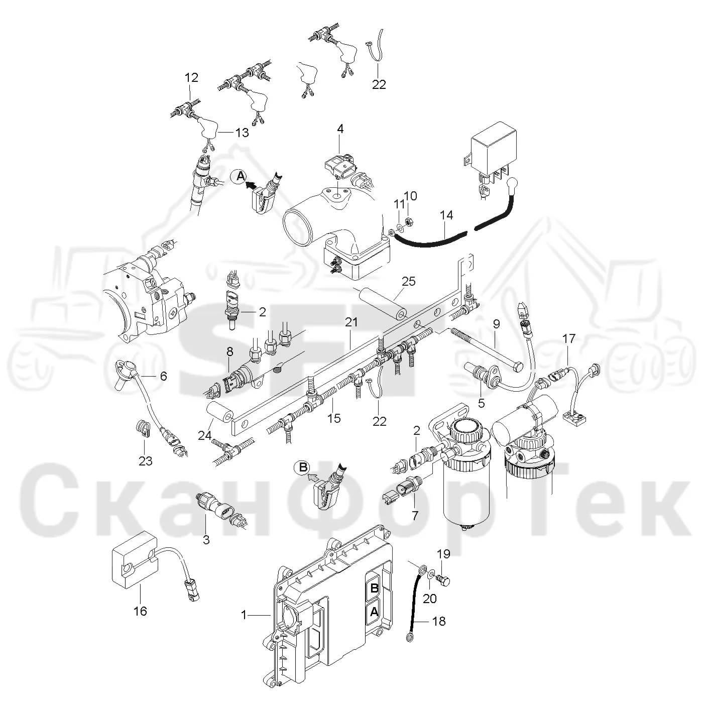 Схема: Valmet / Форвардер / Valmet 840.3 / Valmet 840.3 Ch. 311174- / Valmet 840.3 Ch. 311174- / Каталог запасных частей / Двигатель / Двигатель 311174- / Электрический / EEM Оборудование
