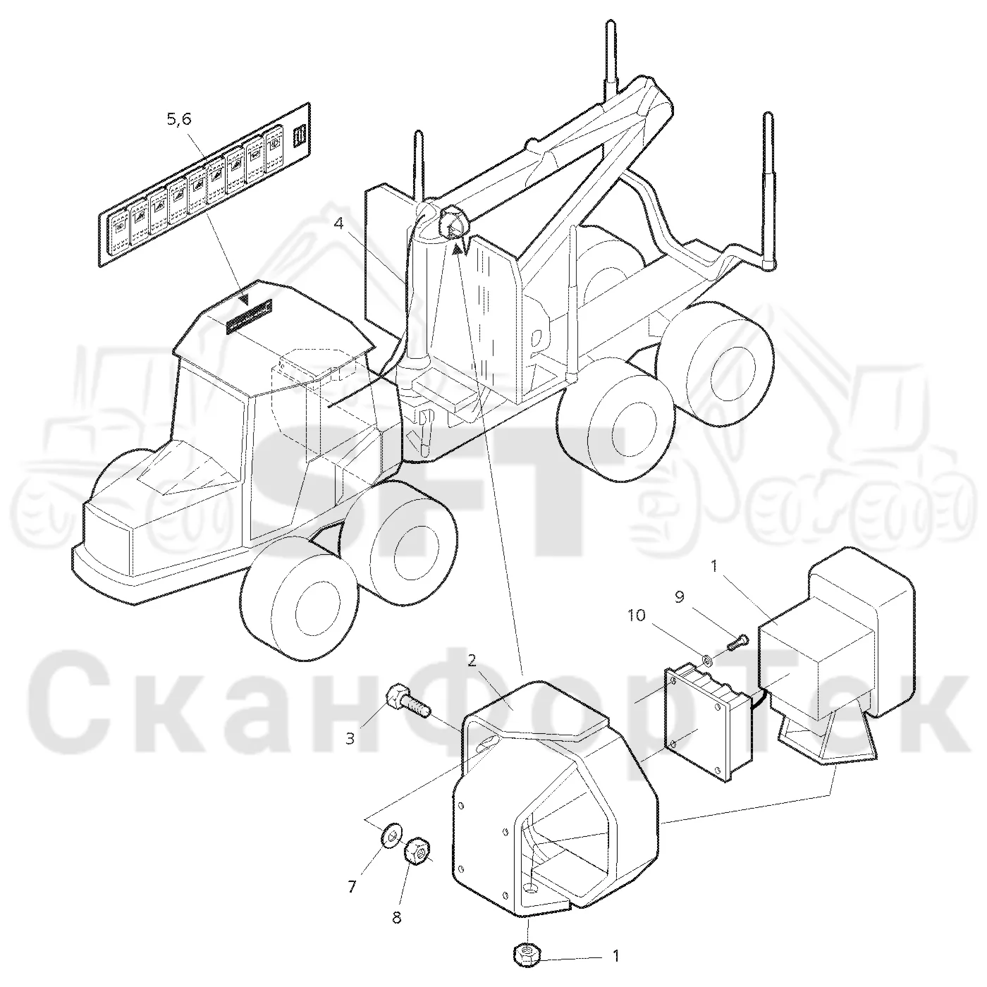 Схема: Valmet / Форвардер / Valmet 860.1 / Valmet 860.1   Ch. -115420 / Valmet 860.1  Ch. -115420 / Каталог запасных частей / Подъемный кран / Рабочие лампы / ксеноновые / Пост освещения подъемного крана