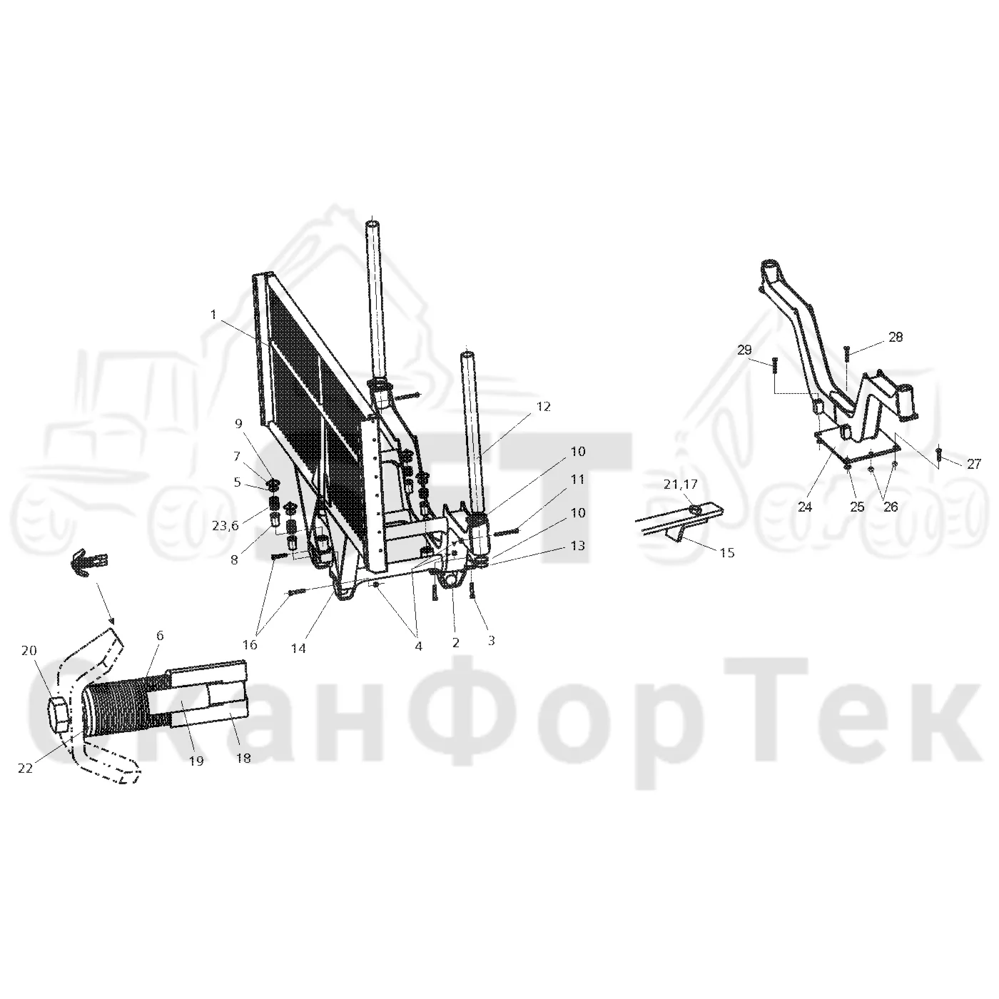 Схема: Valmet / Форвардер / Valmet 890.1 / Valmet 890.1 Ch. 117351-, 119441- / Valmet 890.1 Ch. 117351-, 119 / Каталог запасных частей / шасси / Зона погрузки / Gate hydraulic movable / Gate hydraulic movable