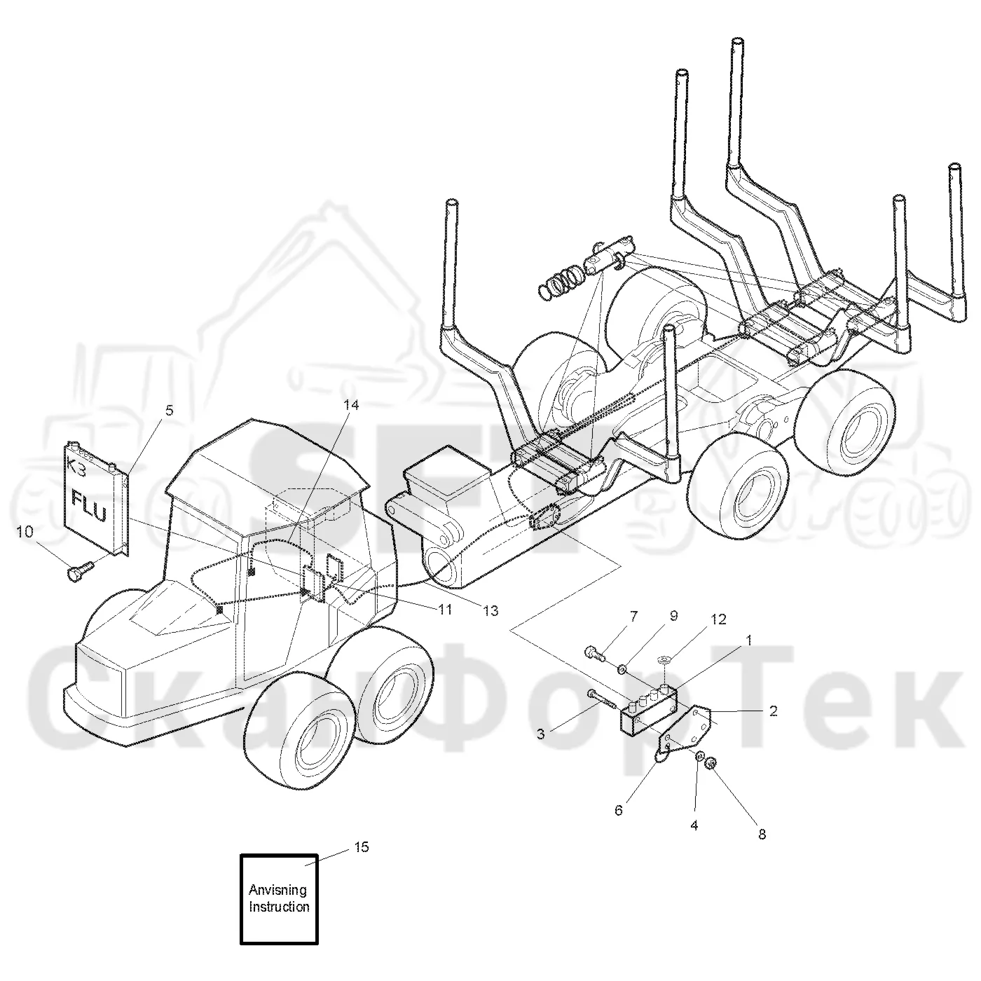 Схема: Valmet / Форвардер / Valmet 890.1 / Valmet 890.1 Ch. 117351-, 119441- / Valmet 890.1 Ch. 117351-, 119 / Каталог запасных частей / шасси / Зона погрузки / Взвешивающее устройство / Измерительное оборудование