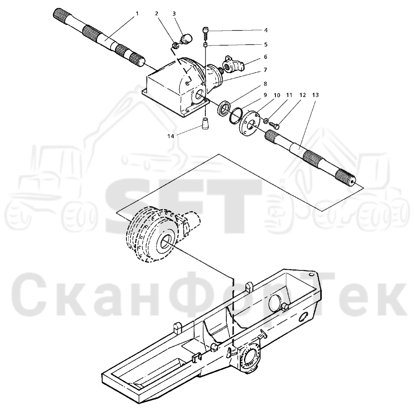 Схема: Valmet / Форвардер / Valmet 890.1 / Valmet 890.1 Ch. -117350, -119440 / Valmet 890.1 Ch. -117350, -11 / Каталог запасных частей / Коробка передач / Мост каретки / Передний агрегат каретки / Каретка дифференциала передняя