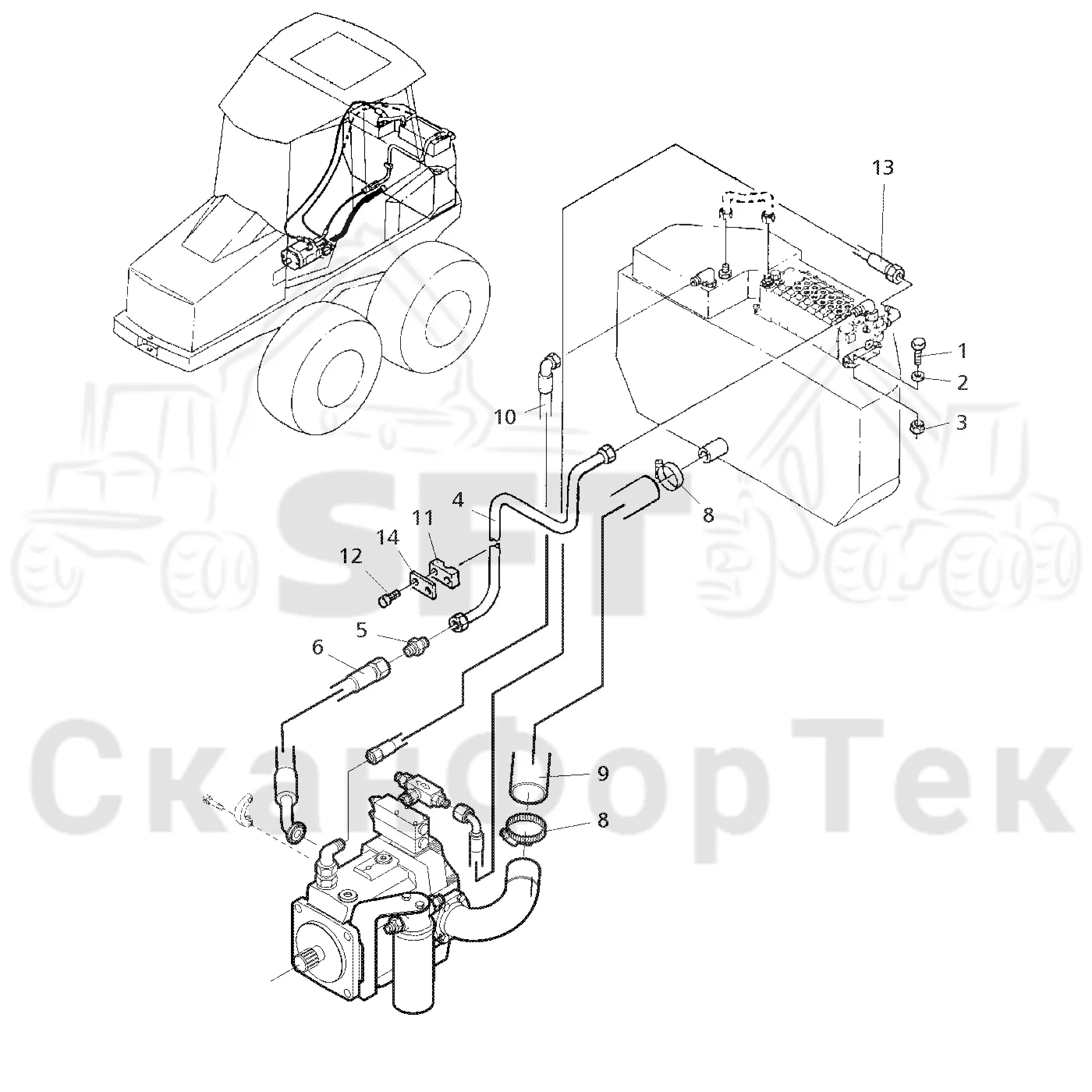 Схема: Valmet / Форвардер / Valmet 890.1 / Valmet 890.1  Ch. 117351-, 119441- / Valmet 890.1  Ch. 117351-, 119 / Каталог запасных частей / Гидравлика / Гидравлические насосы / Подвод шланга / Подвод шланга 9520-