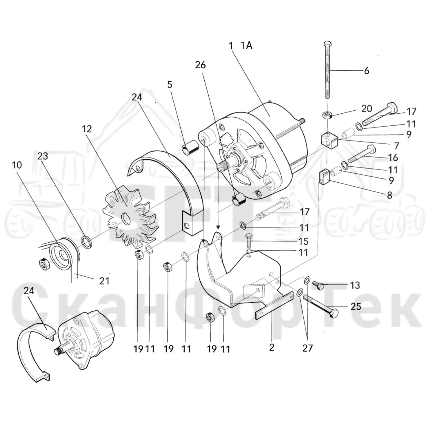 Схема: Valmet / Лесозаготовительные машины / Valmet 901.1 / Valmet 901.1 / Каталог запасных частей / Двигатель / Генератор переменного тока / Генератор переменного тока верхний