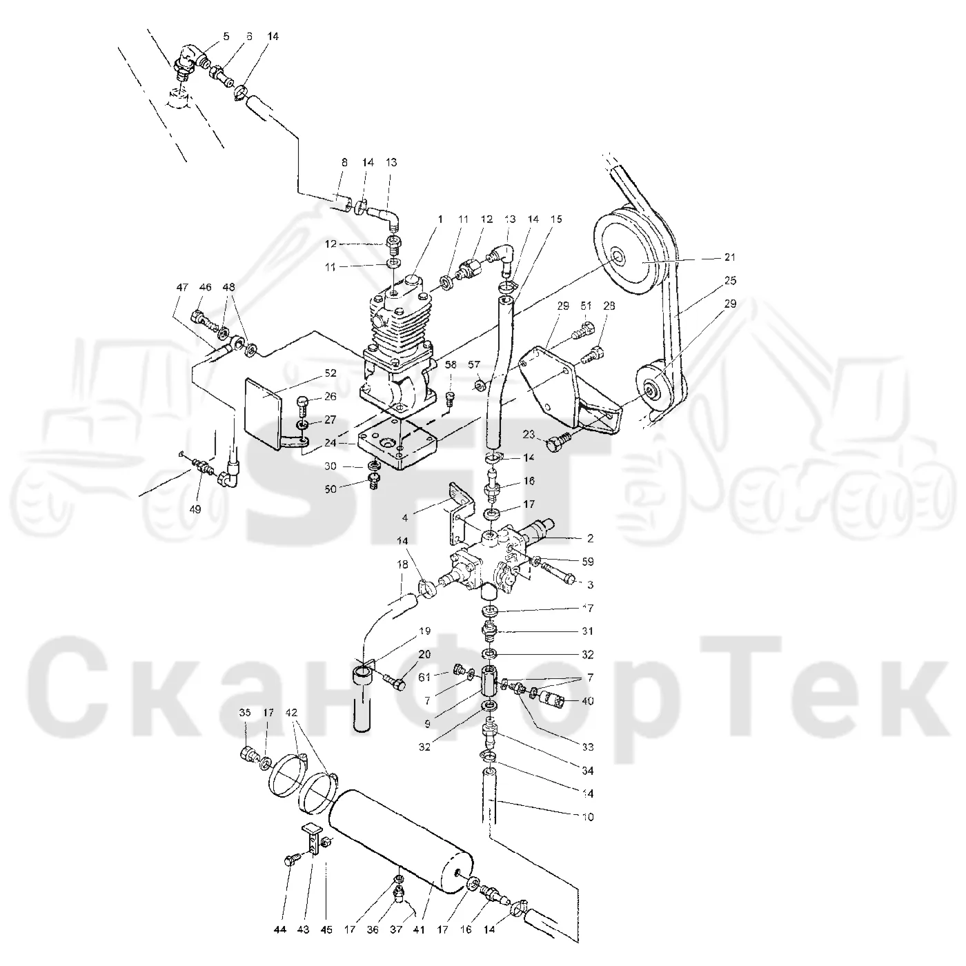 Схема: Valmet / Лесозаготовительные машины / Valmet 901.1 / Valmet 901.1 / Каталог запасных частей / Двигатель / Воздушный компресм3ор / Воздушный компресм3ор