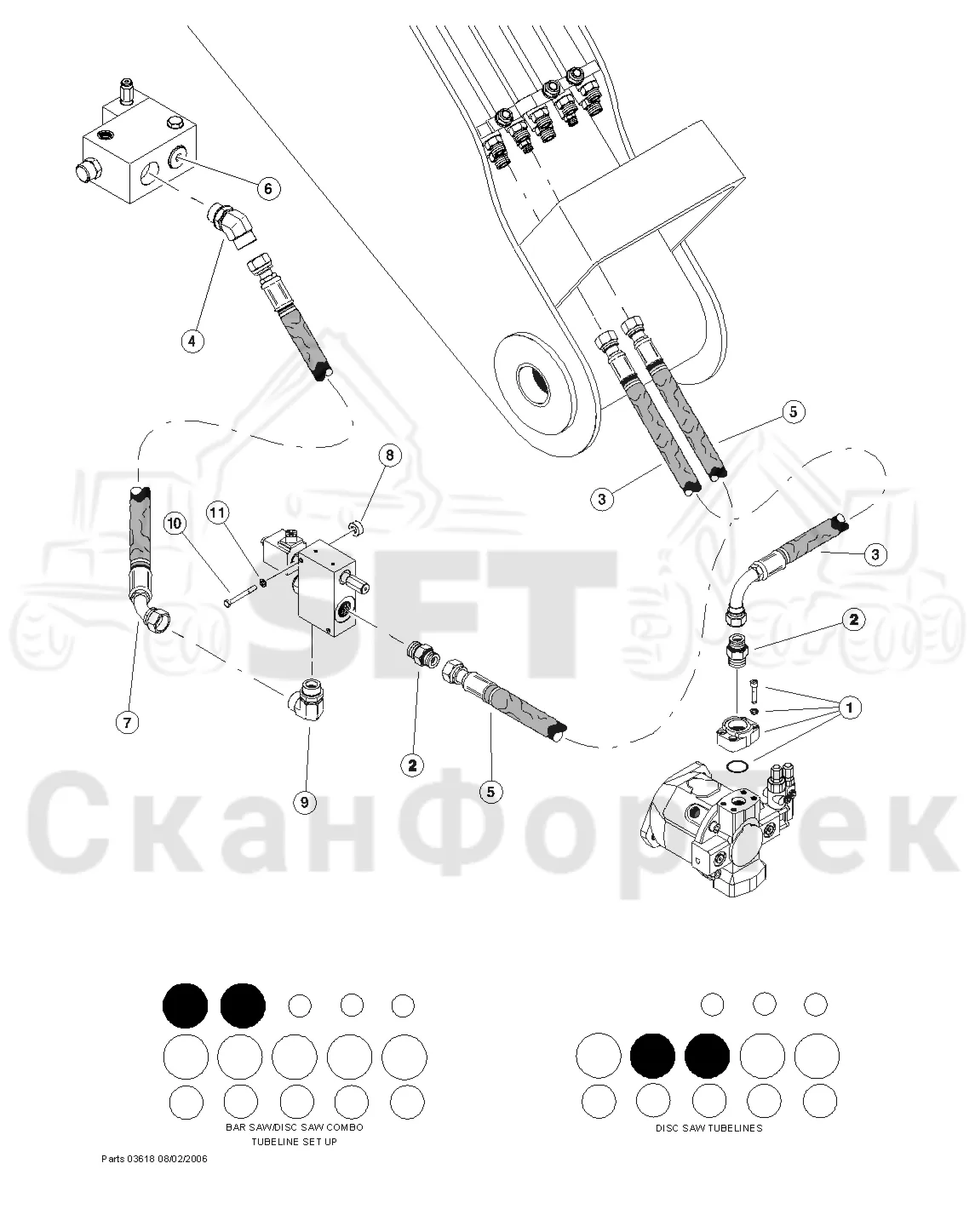 Схема: Valmet / Лесозаготовительные машины / Valmet 901TX / Valmet 901TX / Каталог запасных частей / Тормоза / Тормоза / Bar/Disc Saw Hydraulics / Pressure & Return Lines to Attachment / Disc Saw Pressure & Return Lines - (Disc Saw) / (sn. 2803 - )