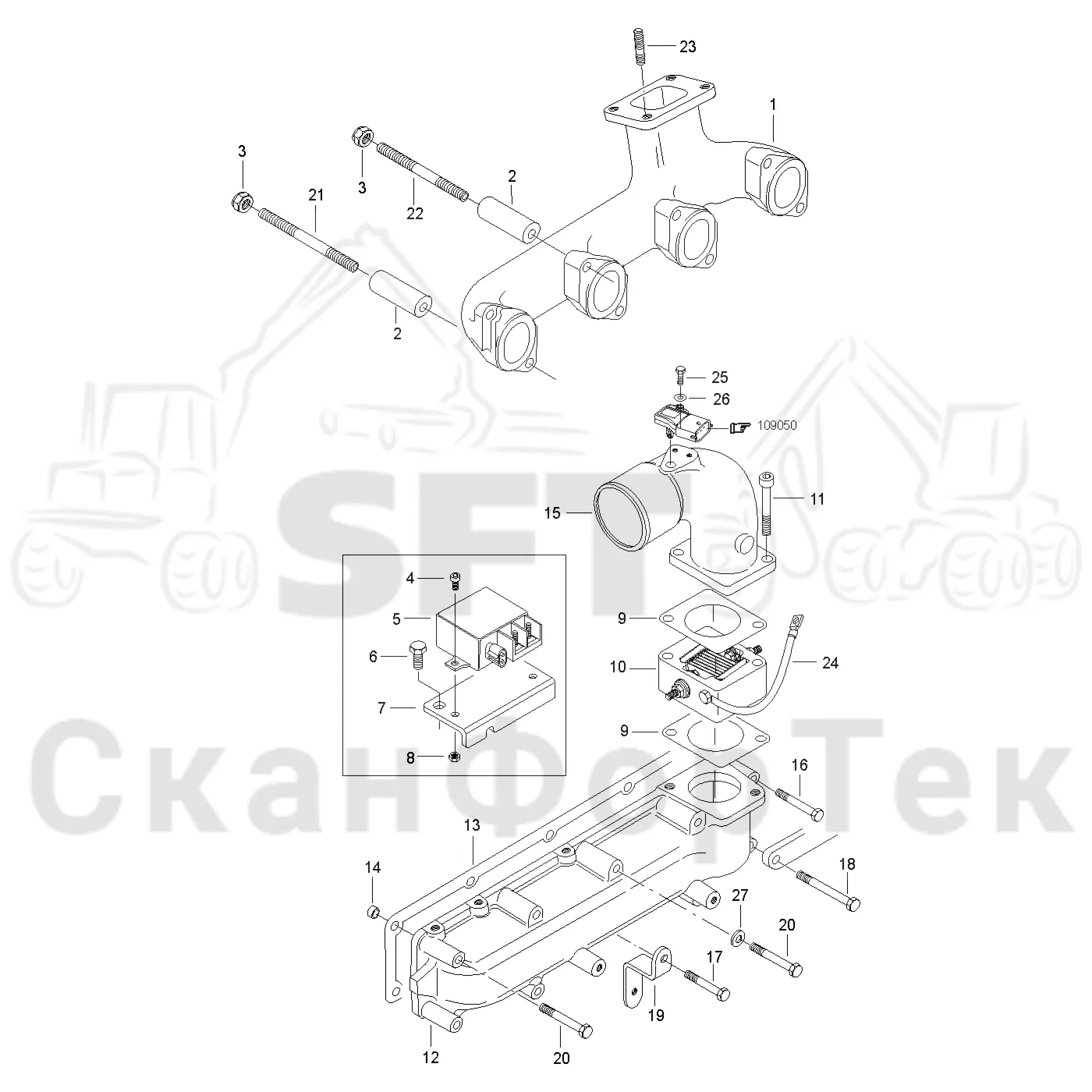 Схема: Valmet / Форвардер / Valmet 830.3 / Valmet 830.3 / Каталог запасных частей / Двигатель / Двигатель  311172- / Впуск - выпуск / Впускной и выпускной коллектор / Впускной и выпускной коллектор -8300031380