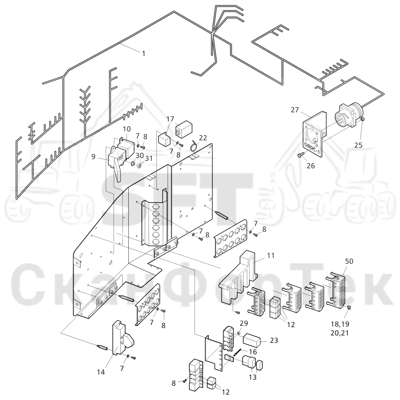 Схема: Valmet / Форвардер / Valmet 890.3 / Valmet 890.3 / Каталог запасных частей / Кабина / Электрический / Комплект электрооборудования кабины / Комплект электрооборудования кабины / Комплект электрооборудования кабины  310461- / Панель