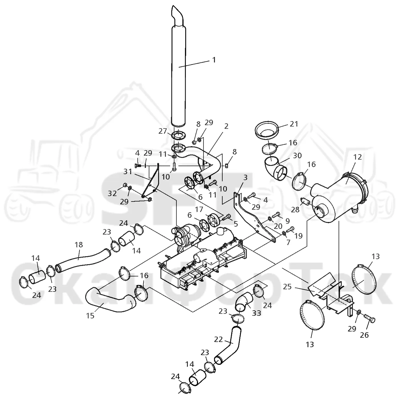 Схема: Valmet / Форвардер / Valmet 860.3 / Valmet 860.3 / Каталог запасных частей / Двигатель / Двигатель  -311350 / Впуск - выпуск / Система впуска и выхлопа / Система впуска и выхлопа  -311350