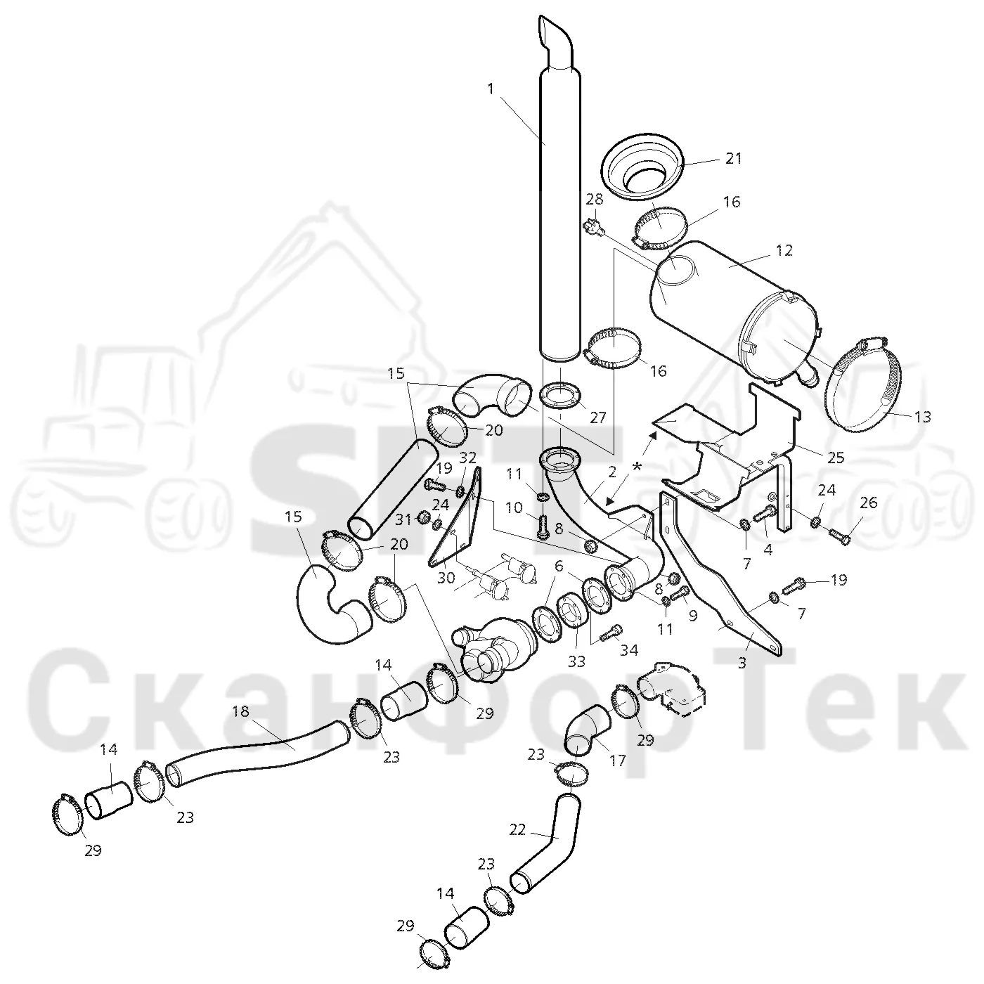 Схема: Valmet / Форвардер / Valmet 890.3 / Valmet 890.3 / Каталог запасных частей / Двигатель / Двигатель -310428 / Впуск - выпуск / Система впуска и выхлопа / Система впуска и выхлопа -310370