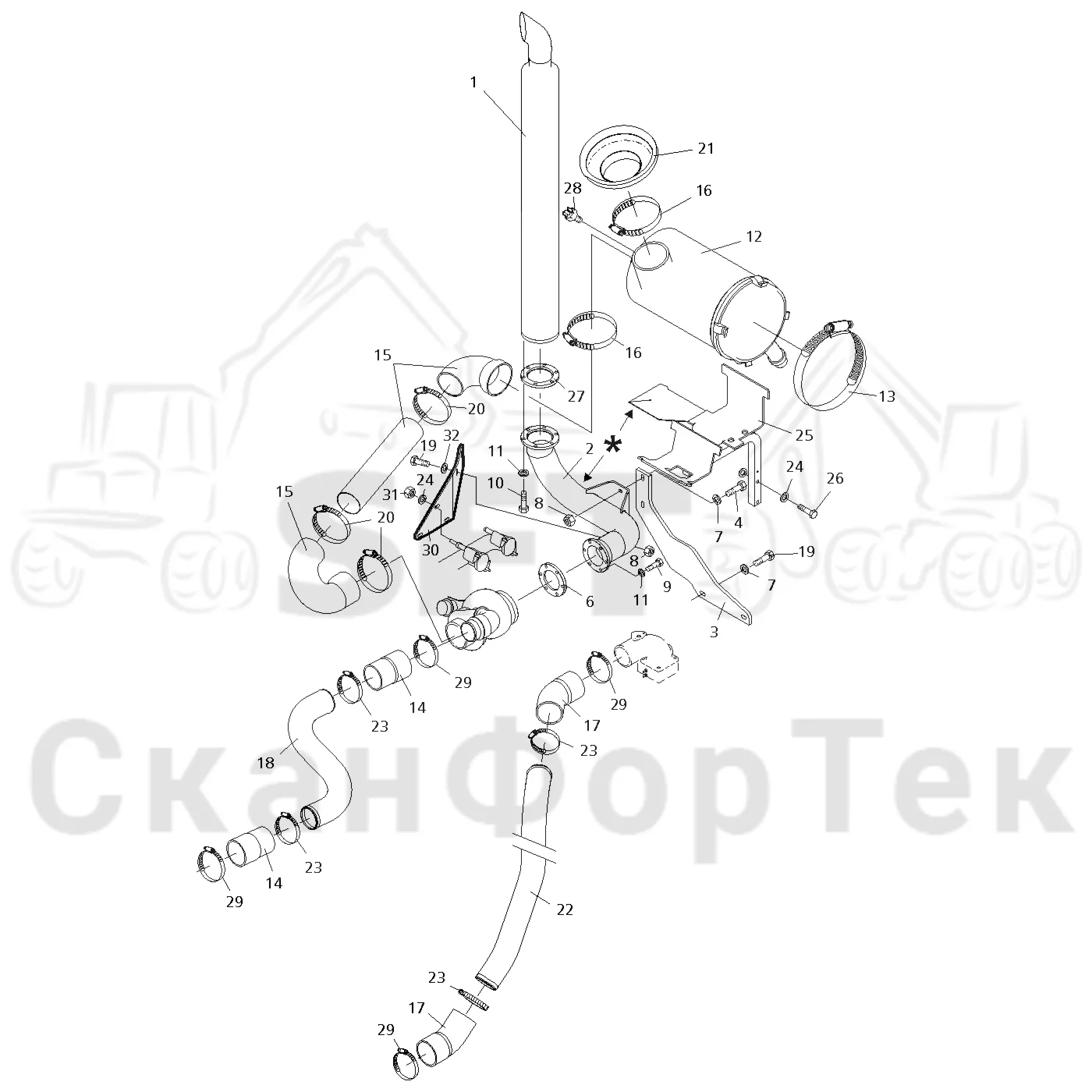 Схема: Valmet / Форвардер / Valmet 890.3 / Valmet 890.3 / Каталог запасных частей / Двигатель / Двигатель  310429- / Впуск - выпуск / Система впуска и выхлопа / Система впуска и выхлопа