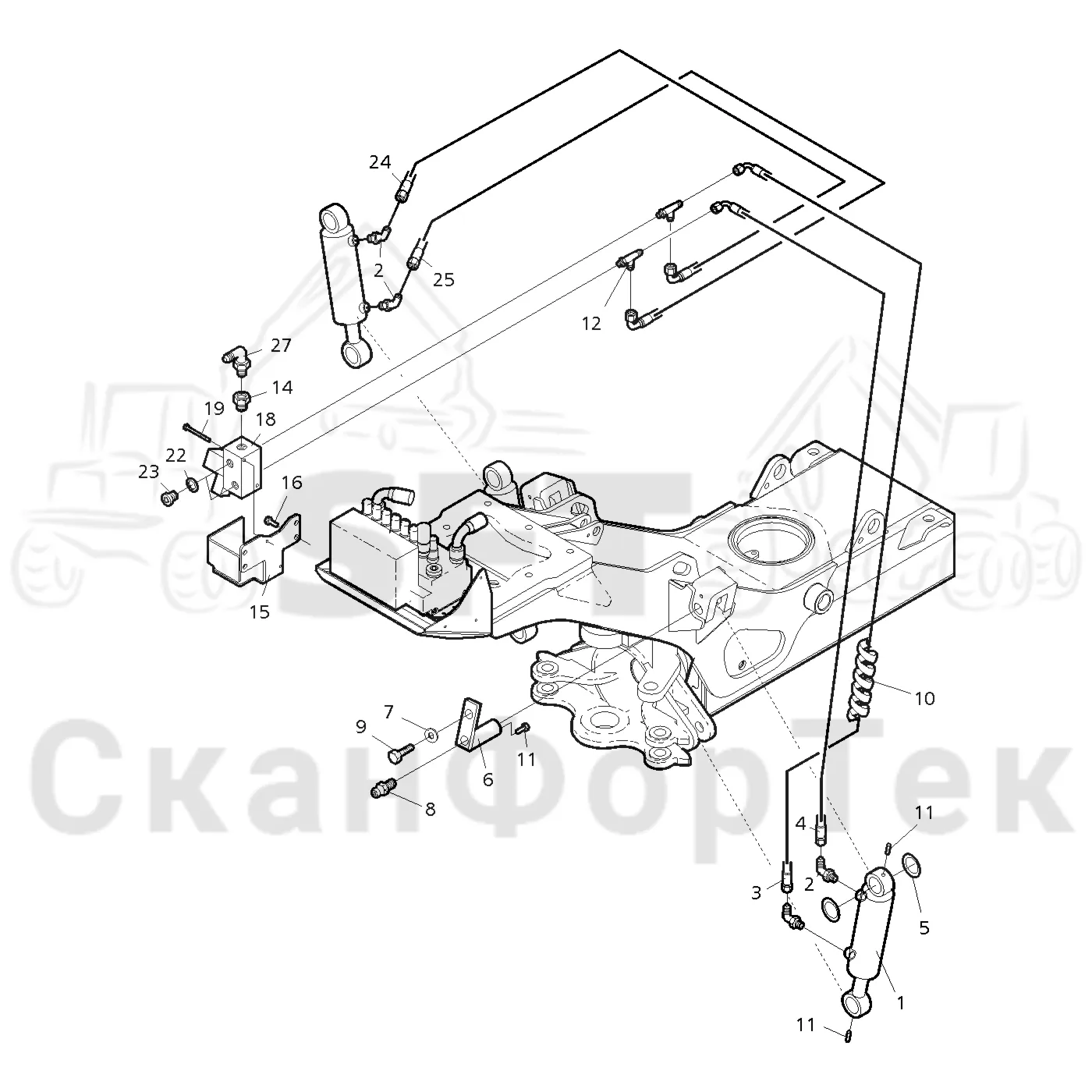 Схема: Valmet / Форвардер / Valmet 830.1 / Valmet 830.1 / Каталог запасных частей / шасси / Стабилизация / Гидравлическое оборудование стабилизации