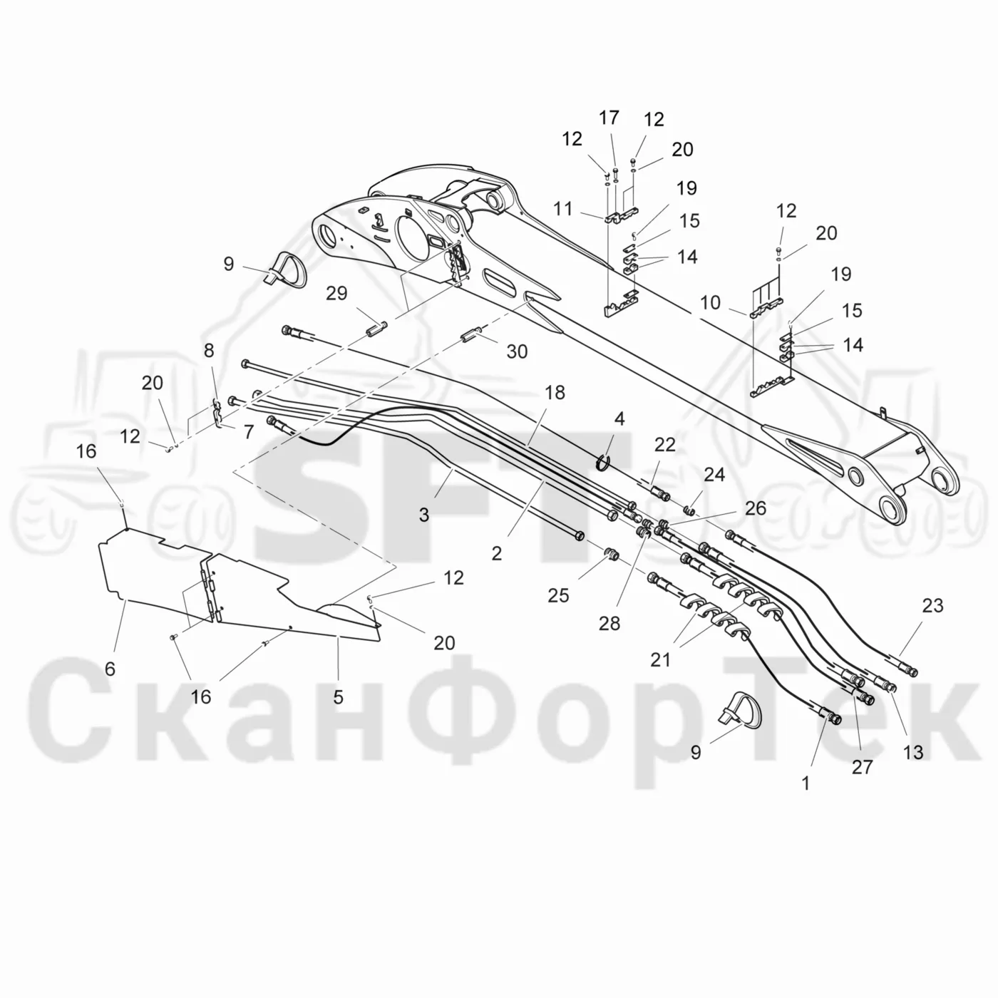Схема: Komatsu / Лесозаготовительные машины / 901.4 / Каталог запасных частей / Подъемный кран / Подъемные краны / CRH 15 / CRH 15 / Основная стрела / Основная стрела. Гидравлика