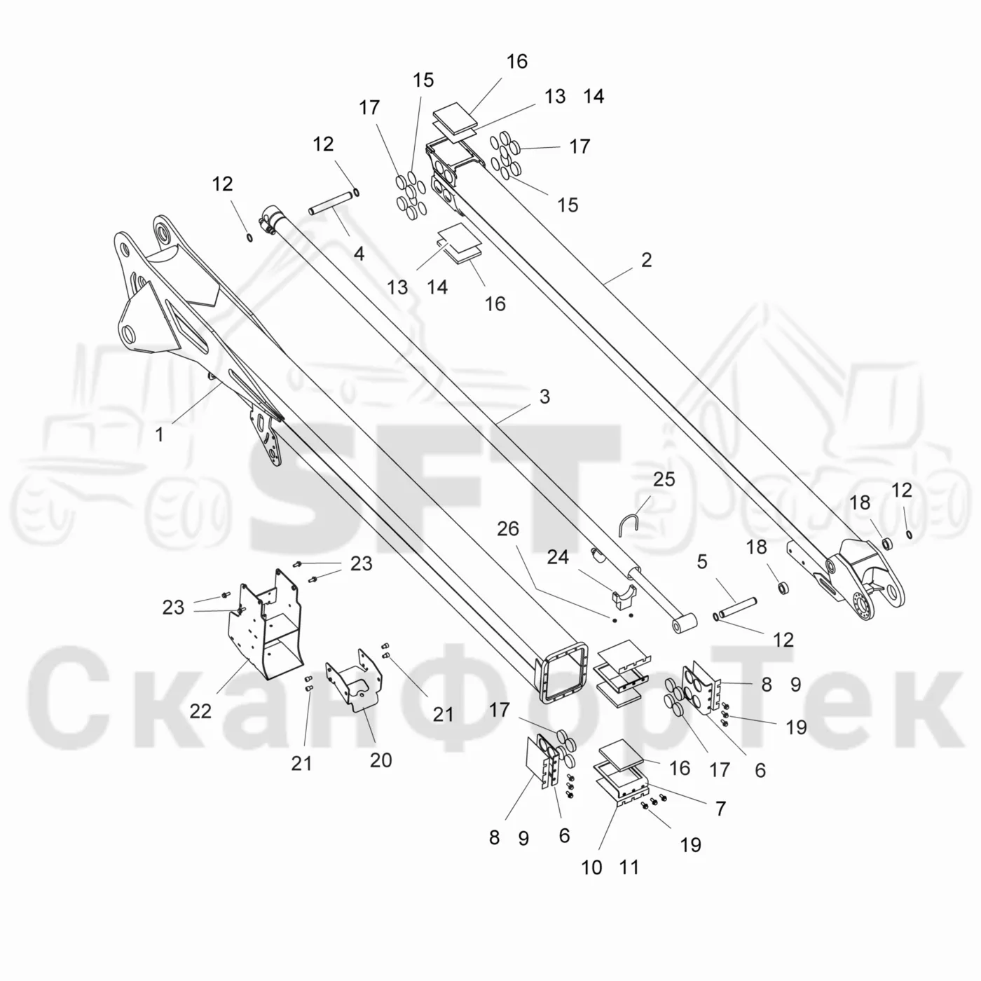 Схема: Komatsu / Лесозаготовительные машины / 901TX / Каталог запасных частей / Подъемный кран / Подъемные краны / CRH 16 / CRH 16 / Стрела, наружная / Стрела, наружная  10 m