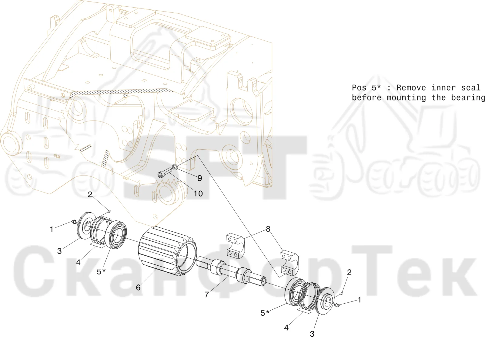 Схема: Komatsu / Лесозаготовительные машины / 931 S/N 9310021067- / Каталог запасных частей / Лесозаготовительное оборудование / Головка лесозаготовительной машины / V132E / Каталог запасных частей / шасси / Опорный ролик передний 2132117011-