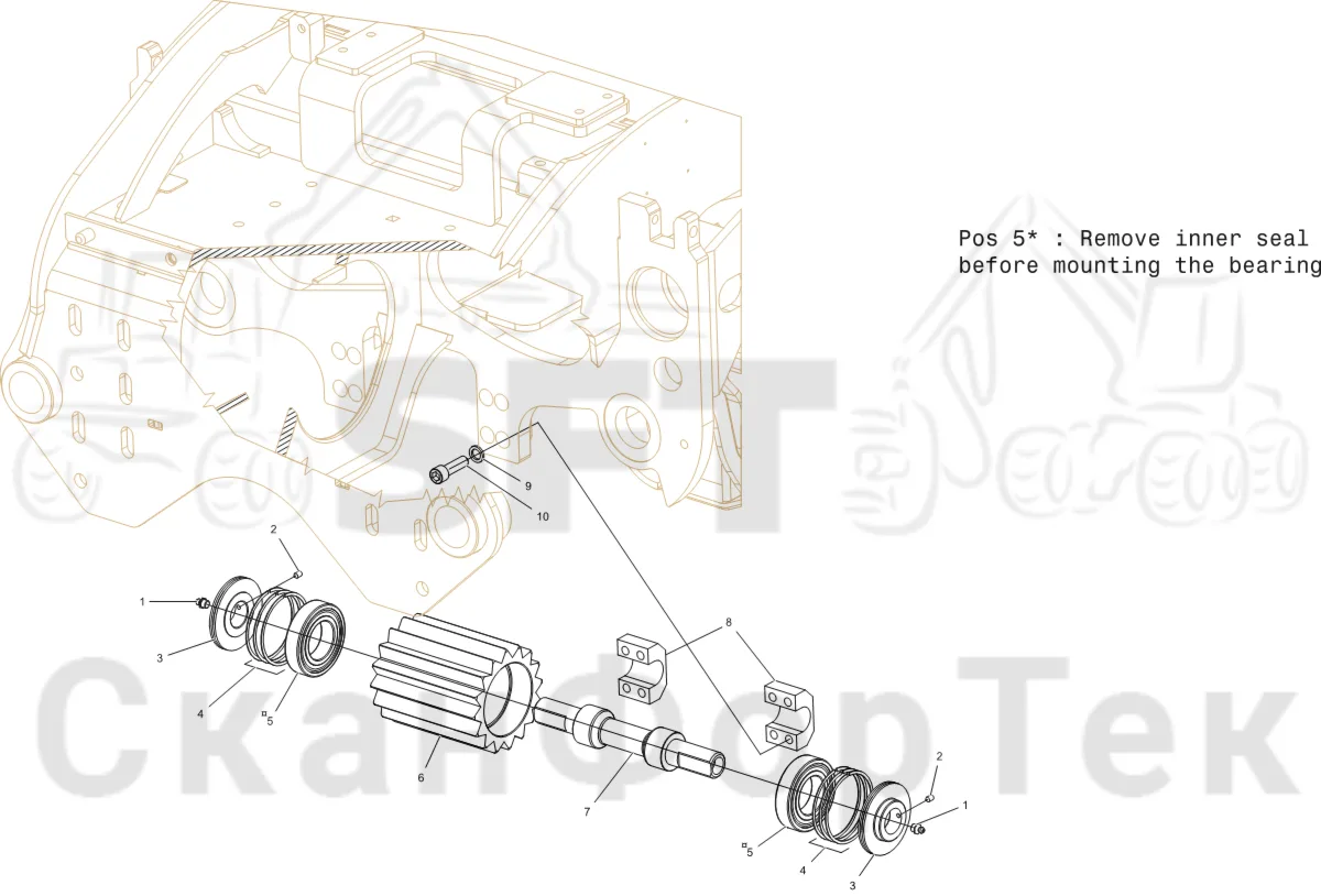 Схема: Komatsu / Лесозаготовительные машины / 931 S/N 9310021067- / Каталог запасных частей / Лесозаготовительное оборудование / Головка лесозаготовительной машины / V132E / Каталог запасных частей / шасси / Опорный ролик передний