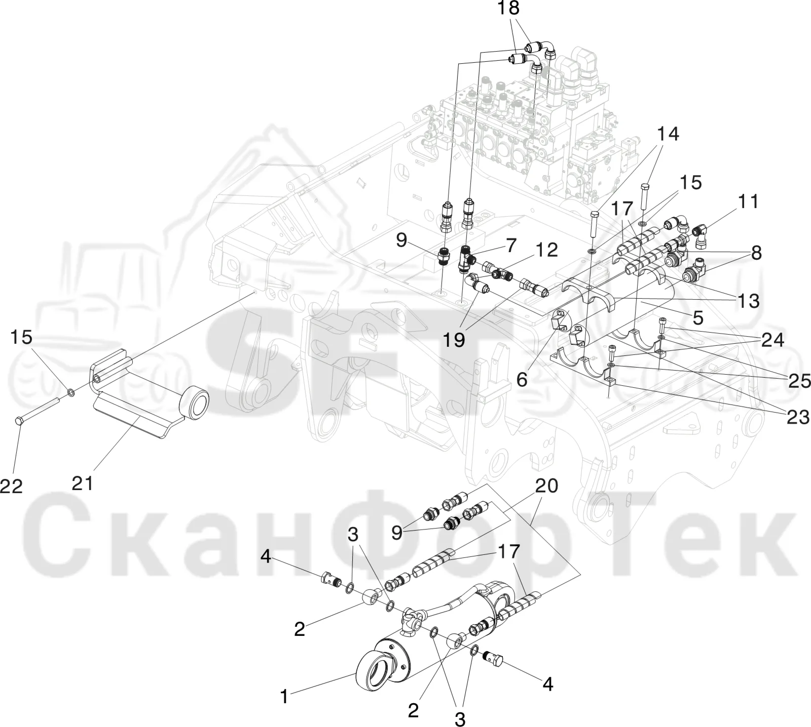 Схема: Komatsu / Лесозаготовительные машины / 931 S/N 9310021067- / Каталог запасных частей / Лесозаготовительное оборудование / Головка лесозаготовительной машины / V132E / Каталог запасных частей / Подача / Гидравлика открывания и закрывания роликов подачи