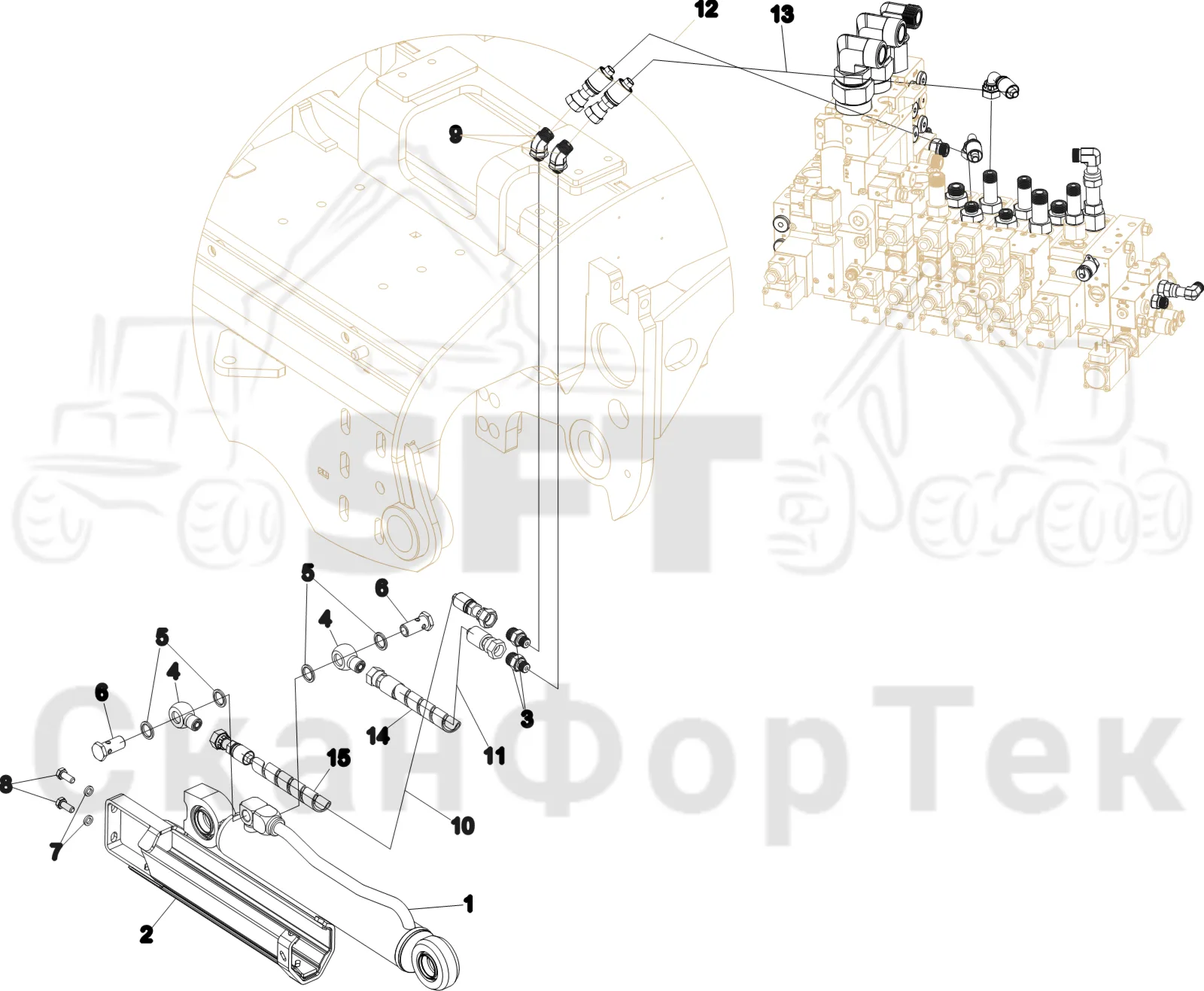 Схема: Komatsu / Лесозаготовительные машины / 931 S/N 9310021067- / Каталог запасных частей / Лесозаготовительное оборудование / Головка лесозаготовительной машины / V132E / Каталог запасных частей / Обрезка сучьев / Гидравлическое оборудование передних сучкорезных ножей