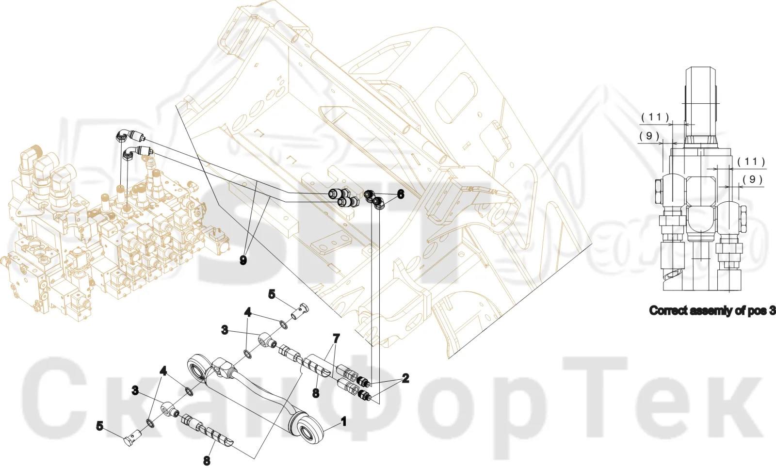 Схема: Komatsu / Лесозаготовительные машины / 931 S/N 9310021067- / Каталог запасных частей / Лесозаготовительное оборудование / Головка лесозаготовительной машины / V132E / Каталог запасных частей / Обрезка сучьев / Гидравлическое оборудование задних сучкорезных ножей