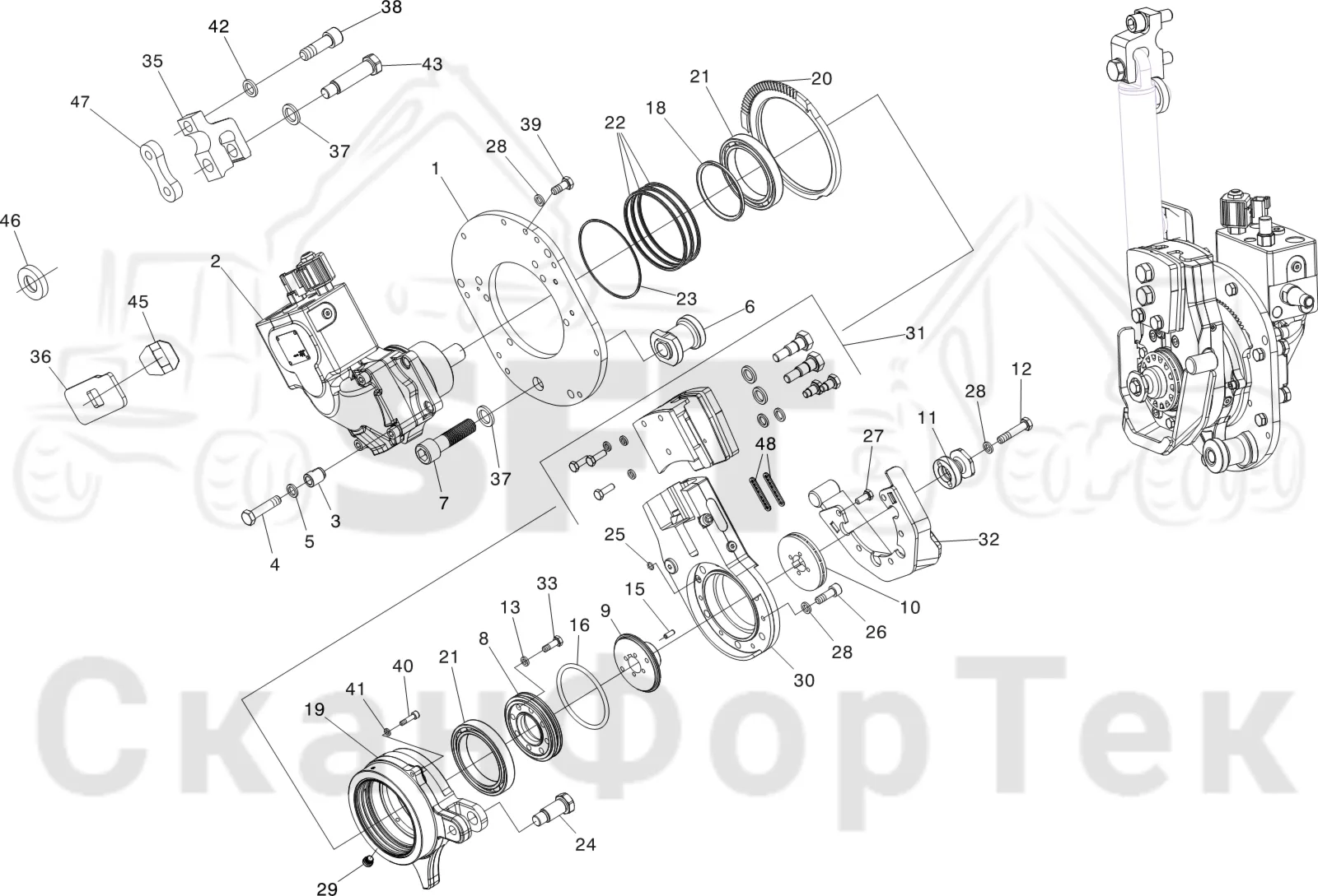Схема: Komatsu / Лесозаготовительные машины / 931 S/N 9310021067- / Каталог запасных частей / Лесозаготовительное оборудование / Головка лесозаготовительной машины / V132E / Каталог запасных частей / Резка / Устройство резки