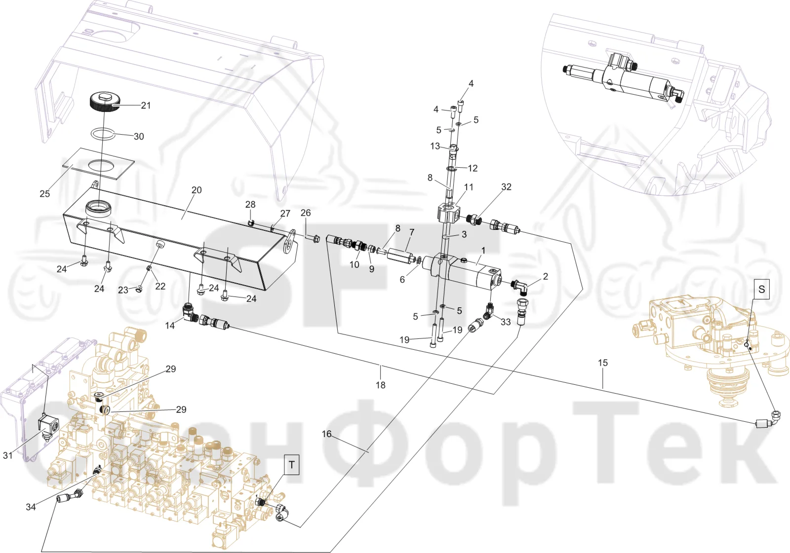 Схема: Komatsu / Лесозаготовительные машины / 931XC S/N 9313021208- / Каталог запасных частей / Лесозаготовительное оборудование / Головка лесозаготовительной машины / V132E / Каталог запасных частей / Резка / Гидравлическое оборудование смазки цепи