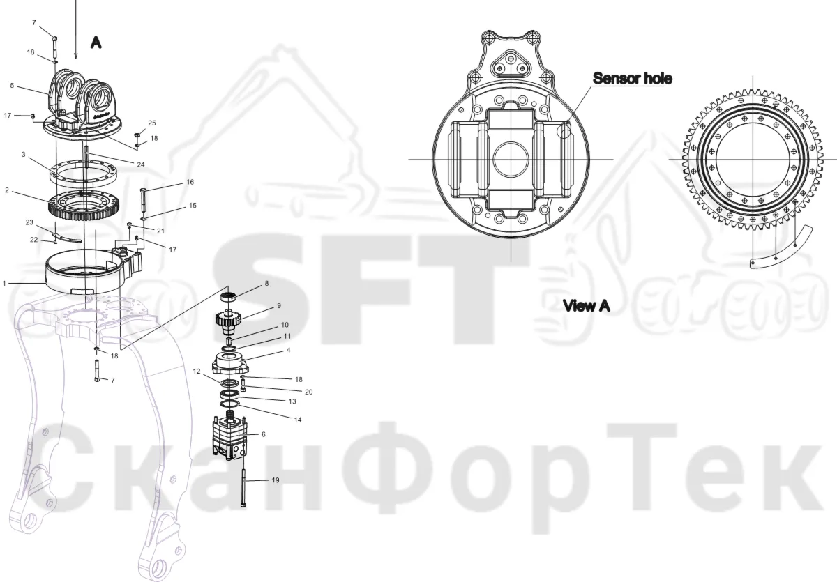 Схема: Komatsu / Лесозаготовительные машины / 931 S/N 9310021067- / Каталог запасных частей / Лесозаготовительное оборудование / Головка лесозаготовительной машины / V132E / Каталог запасных частей / Поворотные устройства и звенья / Поворотное устройство Механика