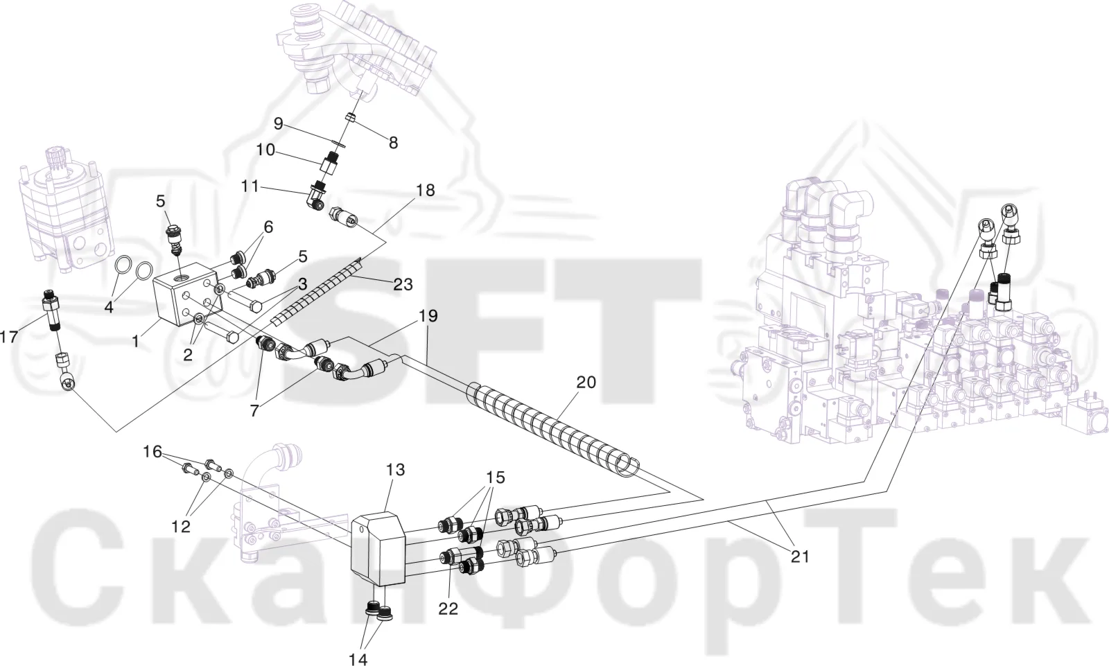 Схема: Komatsu / Лесозаготовительные машины / 931XC S/N 9313021208- / Каталог запасных частей / Лесозаготовительное оборудование / Головка лесозаготовительной машины / V132E / Каталог запасных частей / Поворотные устройства и звенья / Гидравлическое оборудование поворотного устройства