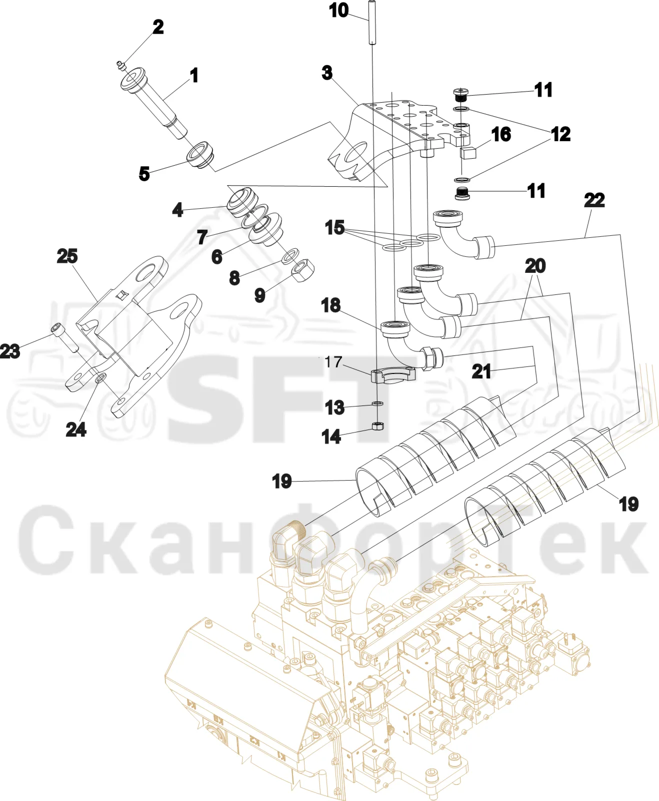 Схема: Komatsu / Лесозаготовительные машины / 931 S/N 9310021067- / Каталог запасных частей / Лесозаготовительное оборудование / Головка лесозаготовительной машины / V132E / Каталог запасных частей / Поворотные устройства и звенья / Соединительный комплект