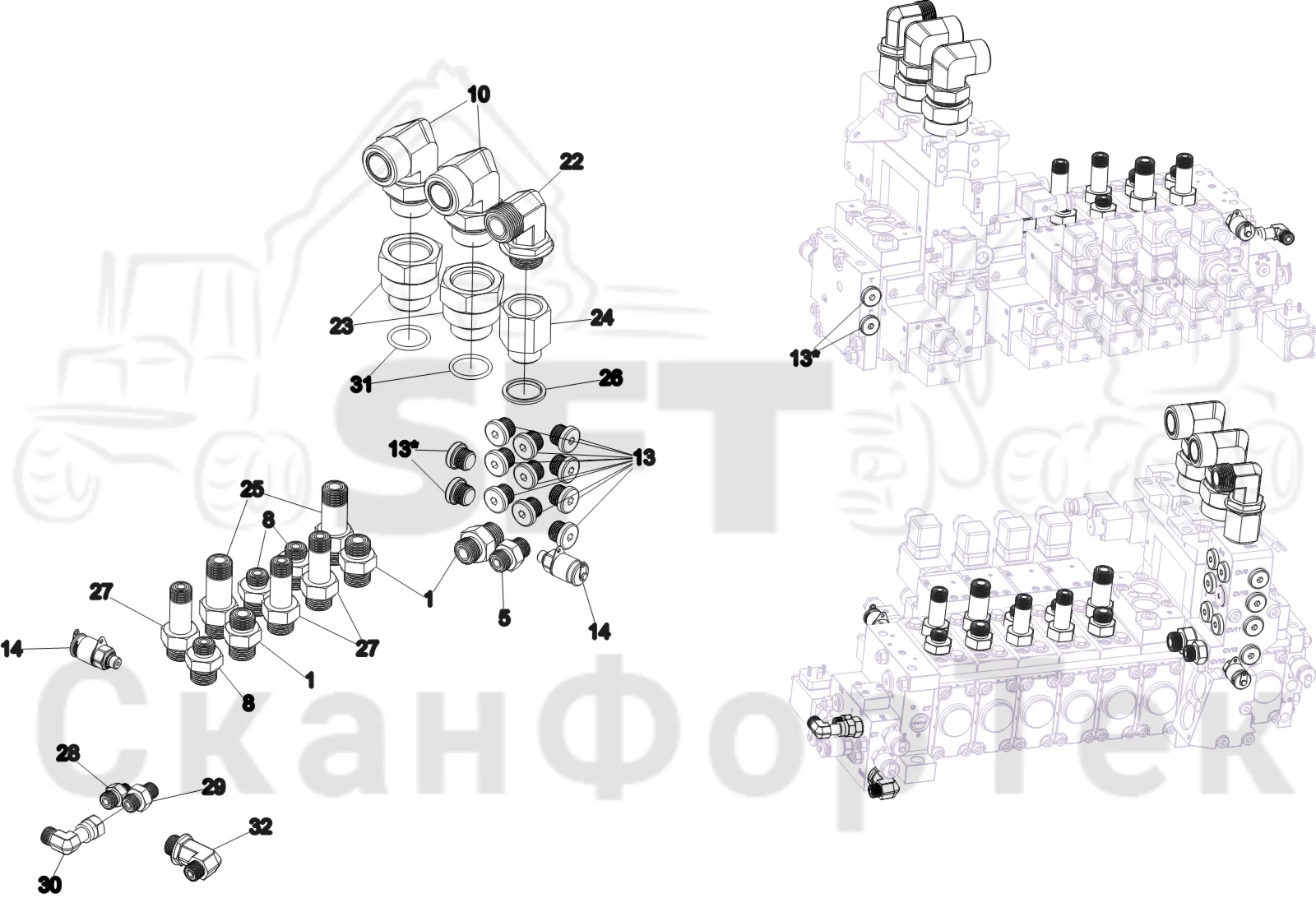 Схема: Komatsu / Лесозаготовительные машины / 931 S/N 9310021067- / Каталог запасных частей / Лесозаготовительное оборудование / Головка лесозаготовительной машины / V132E / Каталог запасных частей / Гидравлический клапан / Узел клапана