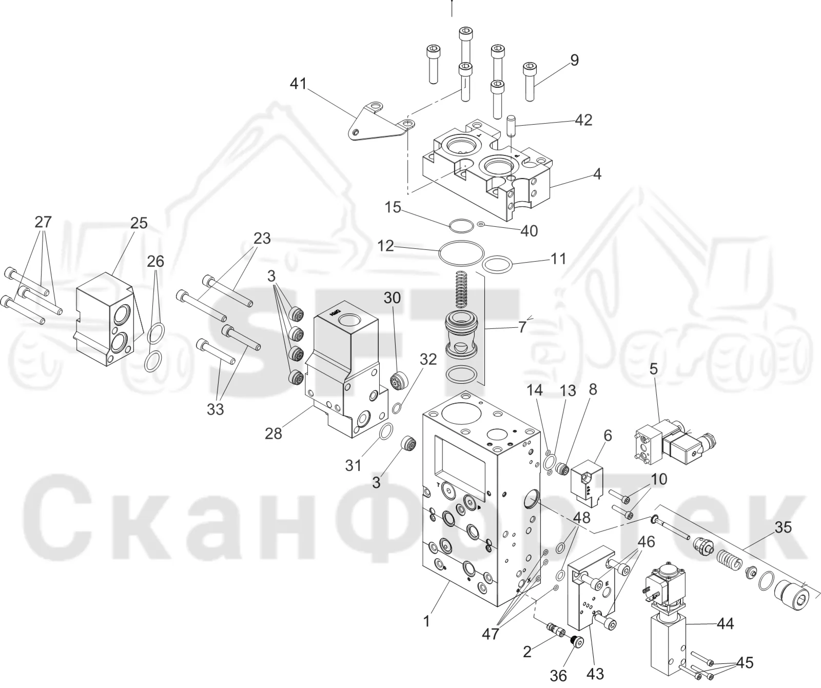 Схема: Komatsu / Лесозаготовительные машины / 931XC S/N 9313021208- / Каталог запасных частей / Лесозаготовительное оборудование / Головка лесозаготовительной машины / V132E / Каталог запасных частей / Гидравлический клапан / Впускной - выпускной