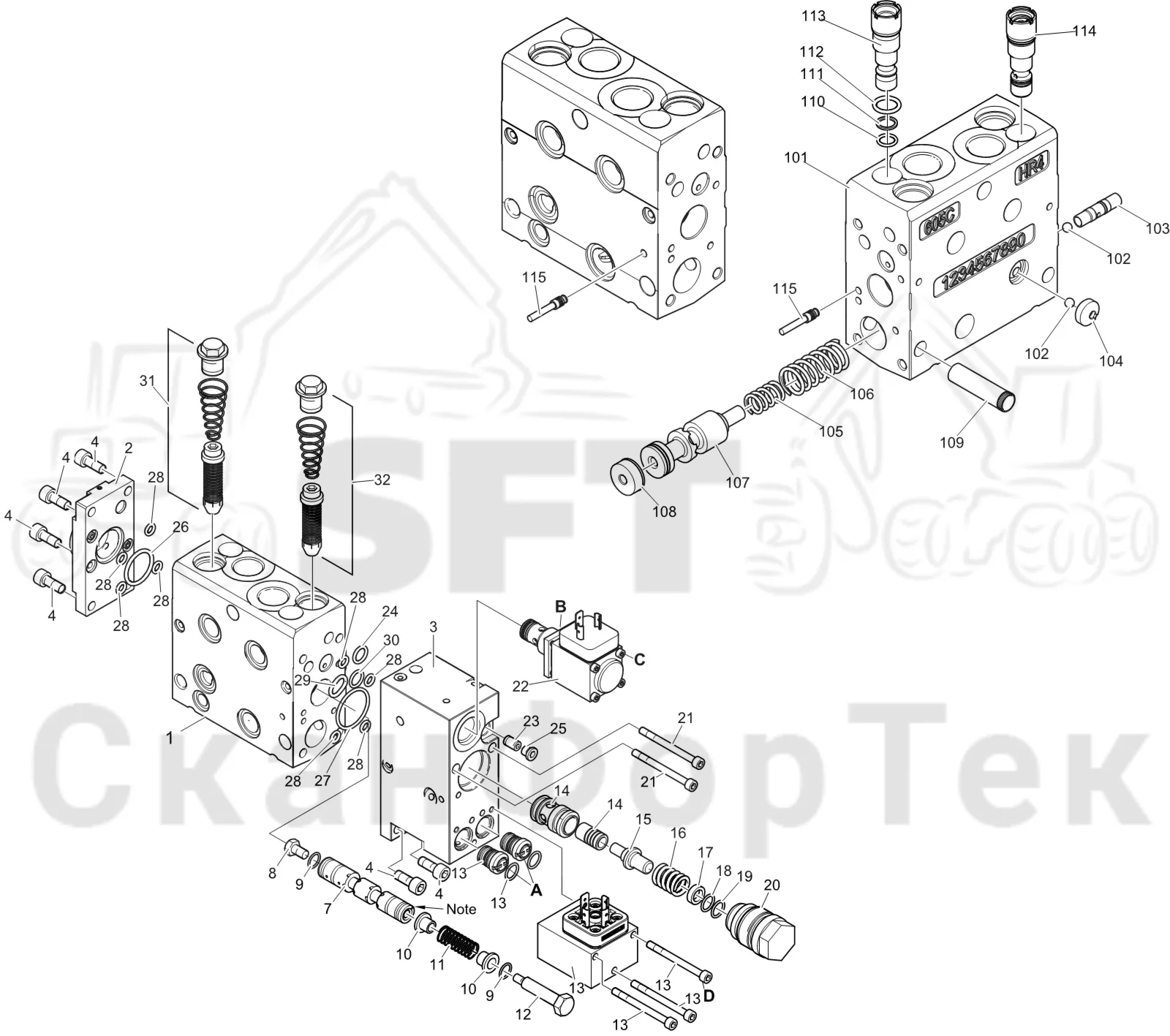 Схема: Komatsu / Лесозаготовительные машины / 931XC S/N 9313021208- / Каталог запасных частей / Лесозаготовительное оборудование / Головка лесозаготовительной машины / V132E / Каталог запасных частей / Гидравлический клапан / Клапан, кабели открывания/закрывания