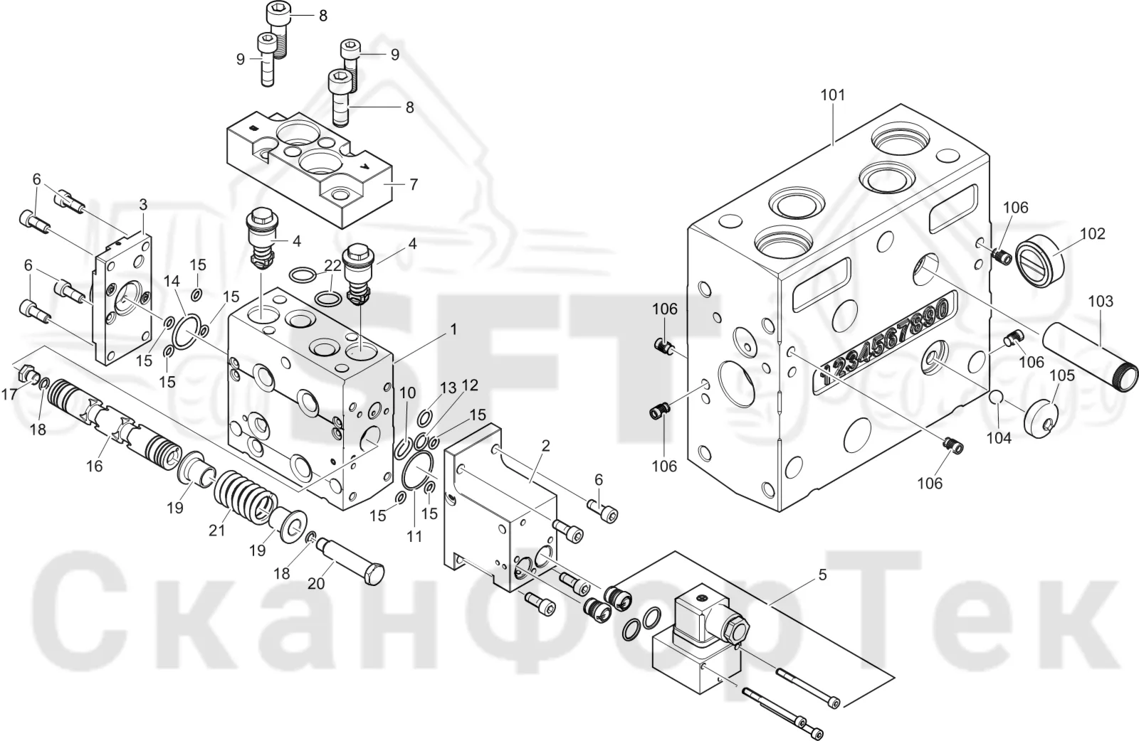 Схема: Komatsu / Лесозаготовительные машины / 931 S/N 9310021067- / Каталог запасных частей / Лесозаготовительное оборудование / Головка лесозаготовительной машины / V132E / Каталог запасных частей / Гидравлический клапан / Клапан, подача 3