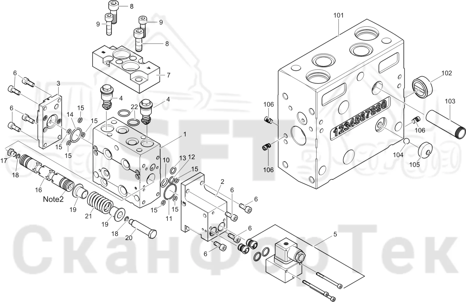 Схема: Komatsu / Лесозаготовительные машины / 931XC S/N 9313021208- / Каталог запасных частей / Лесозаготовительное оборудование / Головка лесозаготовительной машины / V132E / Каталог запасных частей / Гидравлический клапан / Клапан, подача 4