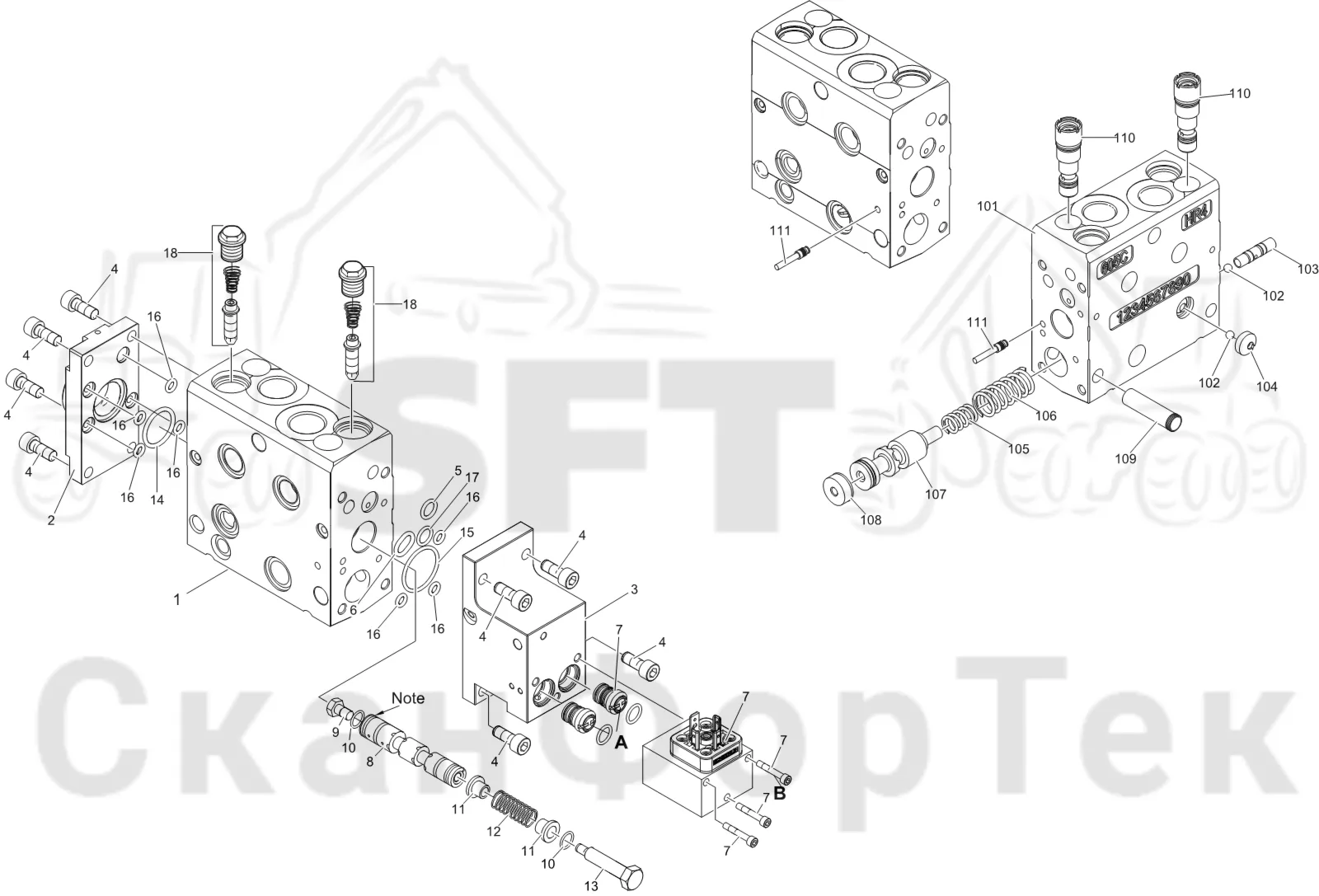 Схема: Komatsu / Лесозаготовительные машины / 931 S/N 9310021067- / Каталог запасных частей / Лесозаготовительное оборудование / Головка лесозаготовительной машины / V132E / Каталог запасных частей / Гидравлический клапан / Клапан. Поворотное устройство